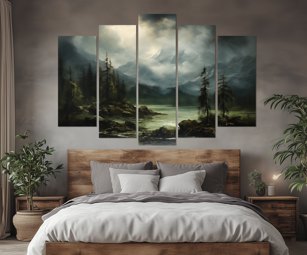5 Piece Moody Antique Mountain River Emerald Green Landscape Multi-Panel Wall Art