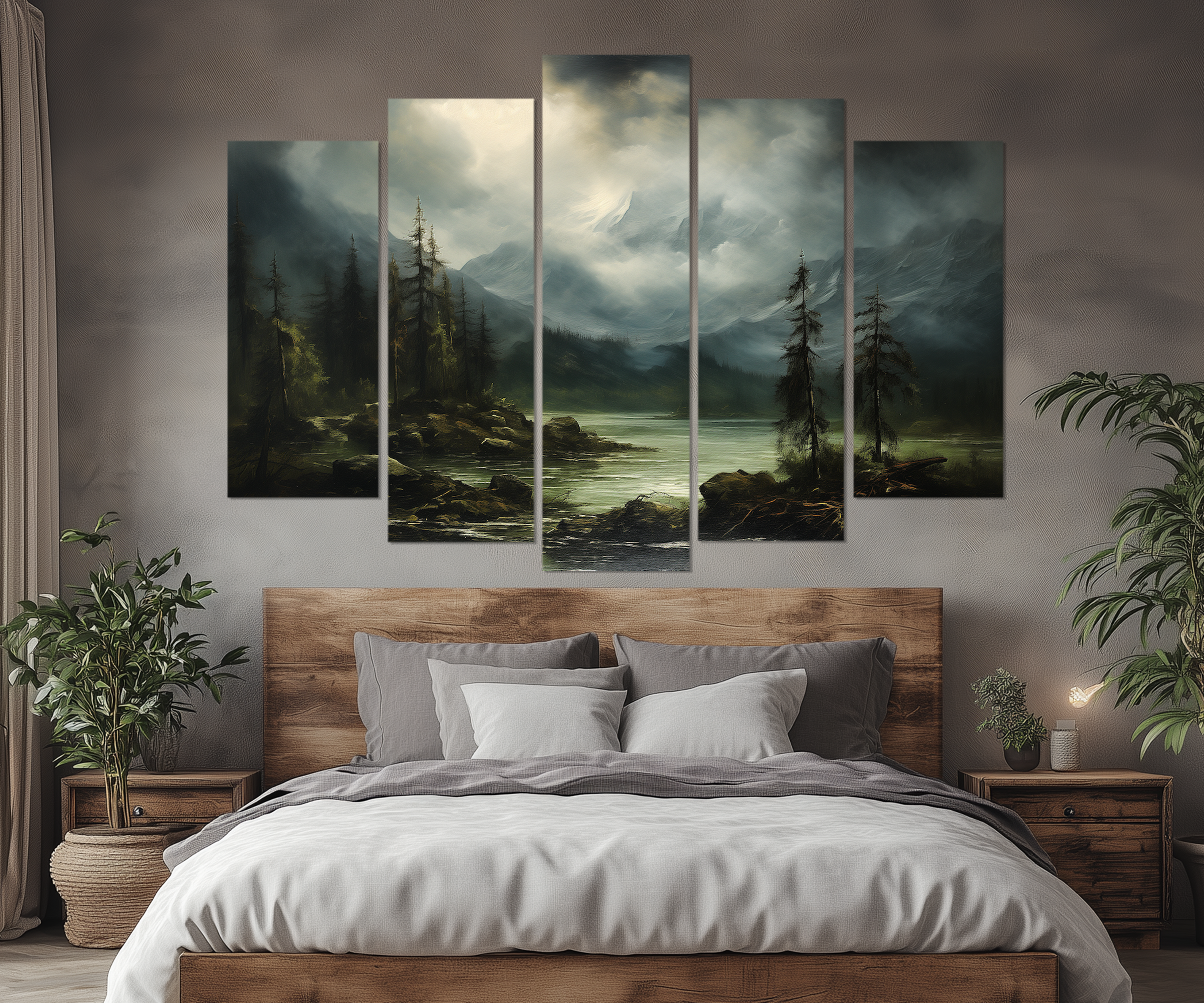 5 Piece Moody Antique Mountain River Emerald Green Landscape Multi-Panel Wall Art