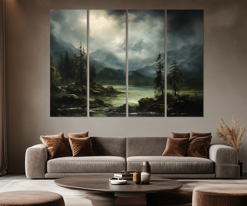 5 Piece Moody Antique Mountain River Emerald Green Landscape Multi-Panel Wall Art