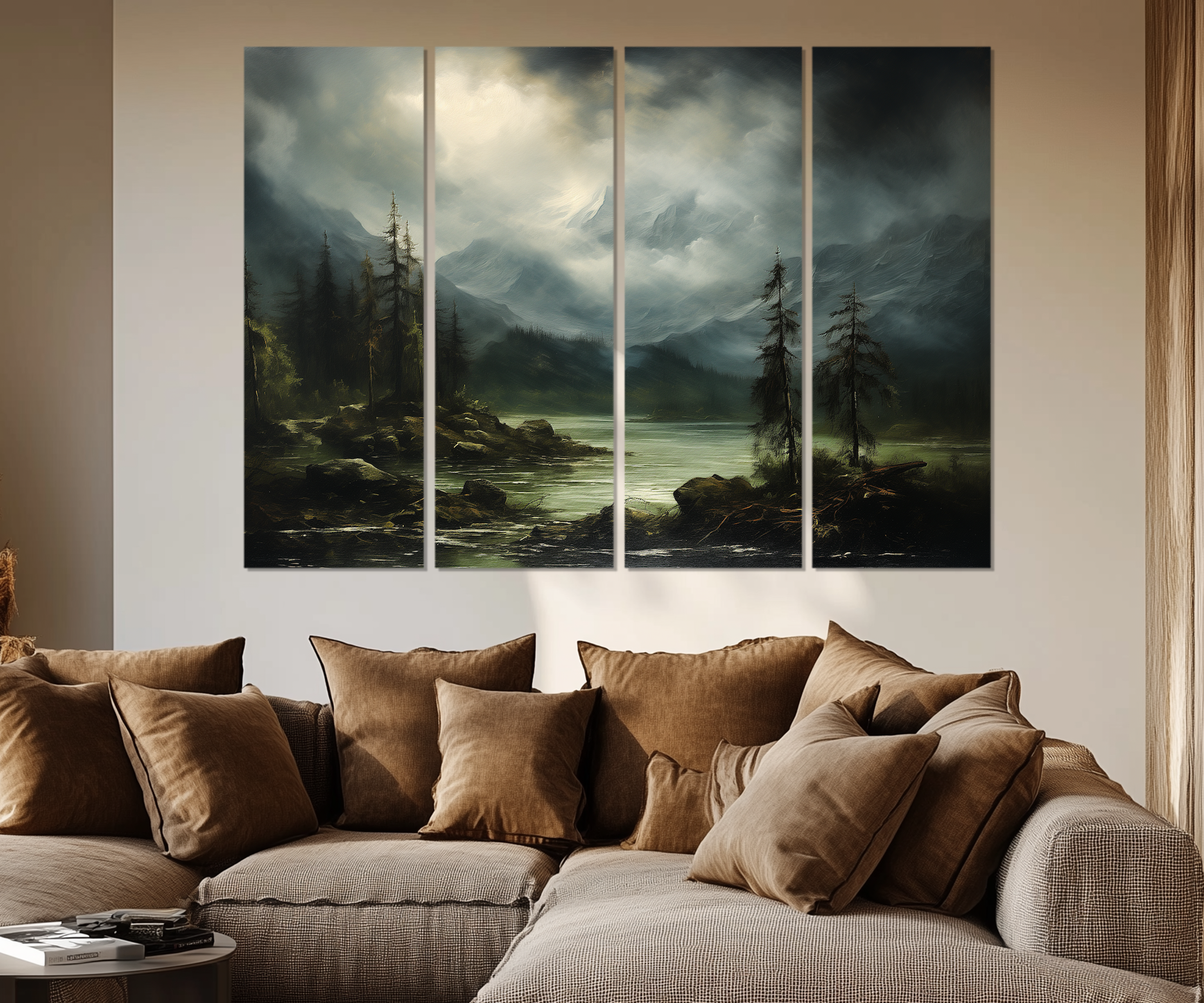 5 Piece Moody Antique Mountain River Emerald Green Landscape Multi-Panel Wall Art