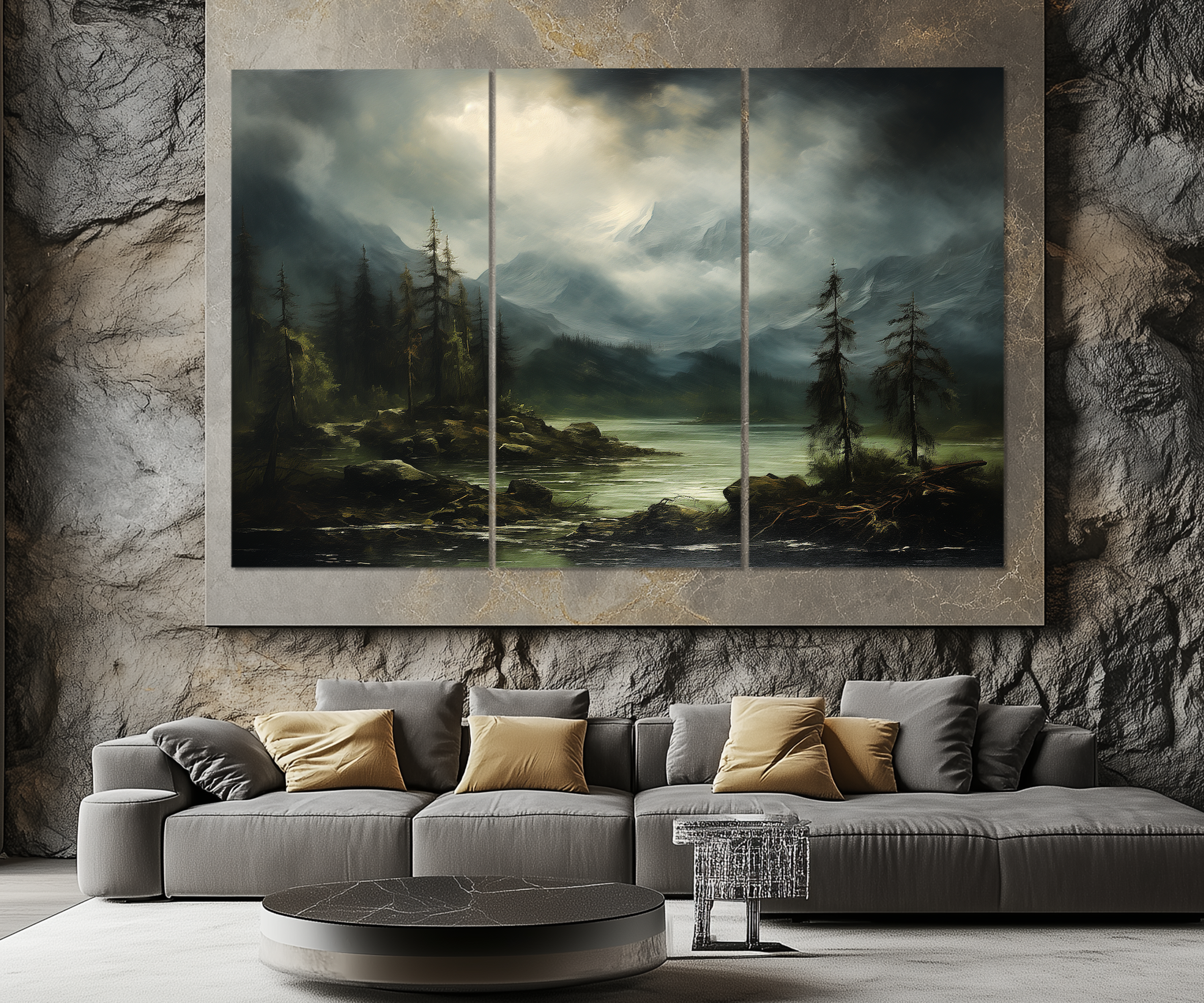 5 Piece Moody Antique Mountain River Emerald Green Landscape Multi-Panel Wall Art