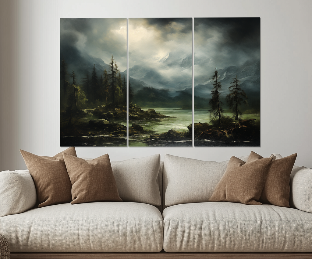 5 Piece Moody Antique Mountain River Emerald Green Landscape Multi-Panel Wall Art