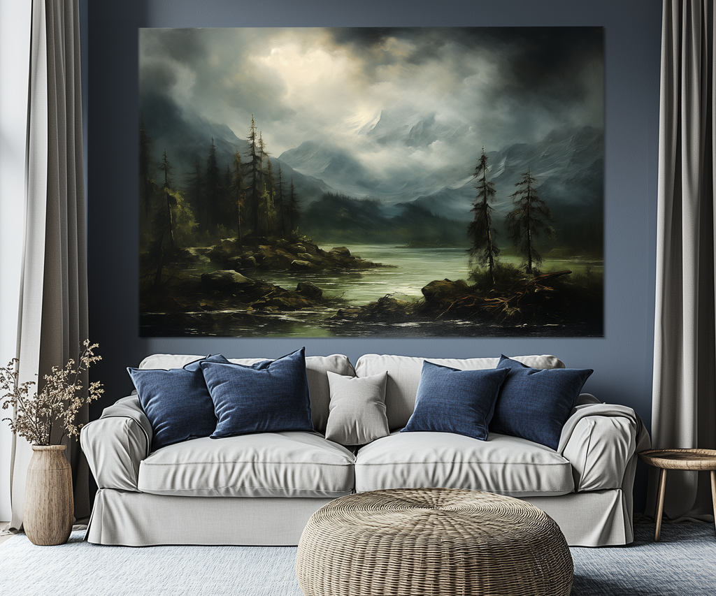 5 Piece Moody Antique Mountain River Emerald Green Landscape Multi-Panel Wall Art