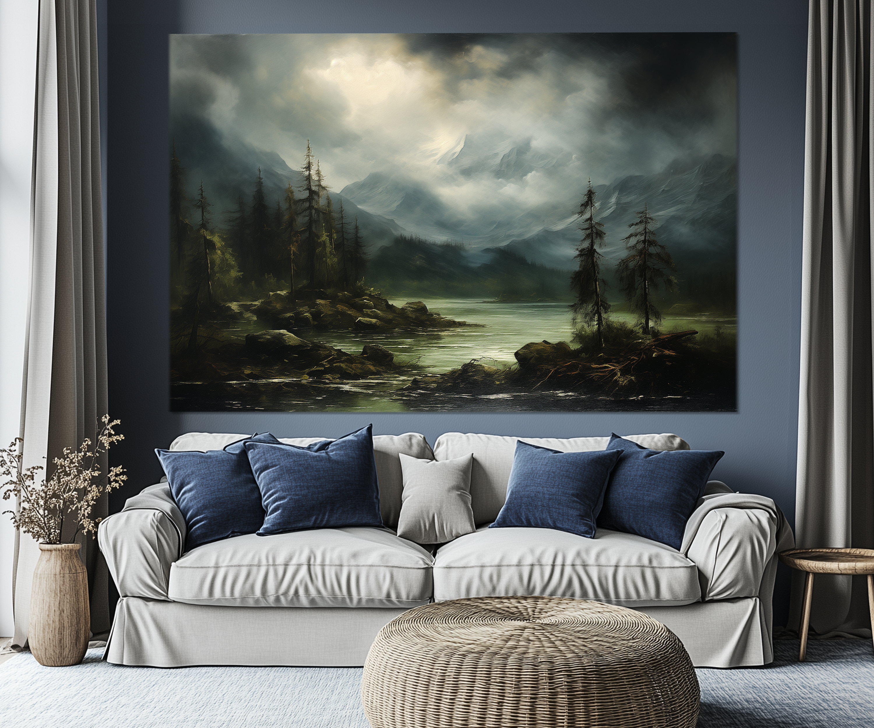 5 Piece Moody Antique Mountain River Emerald Green Landscape Multi-Panel Wall Art