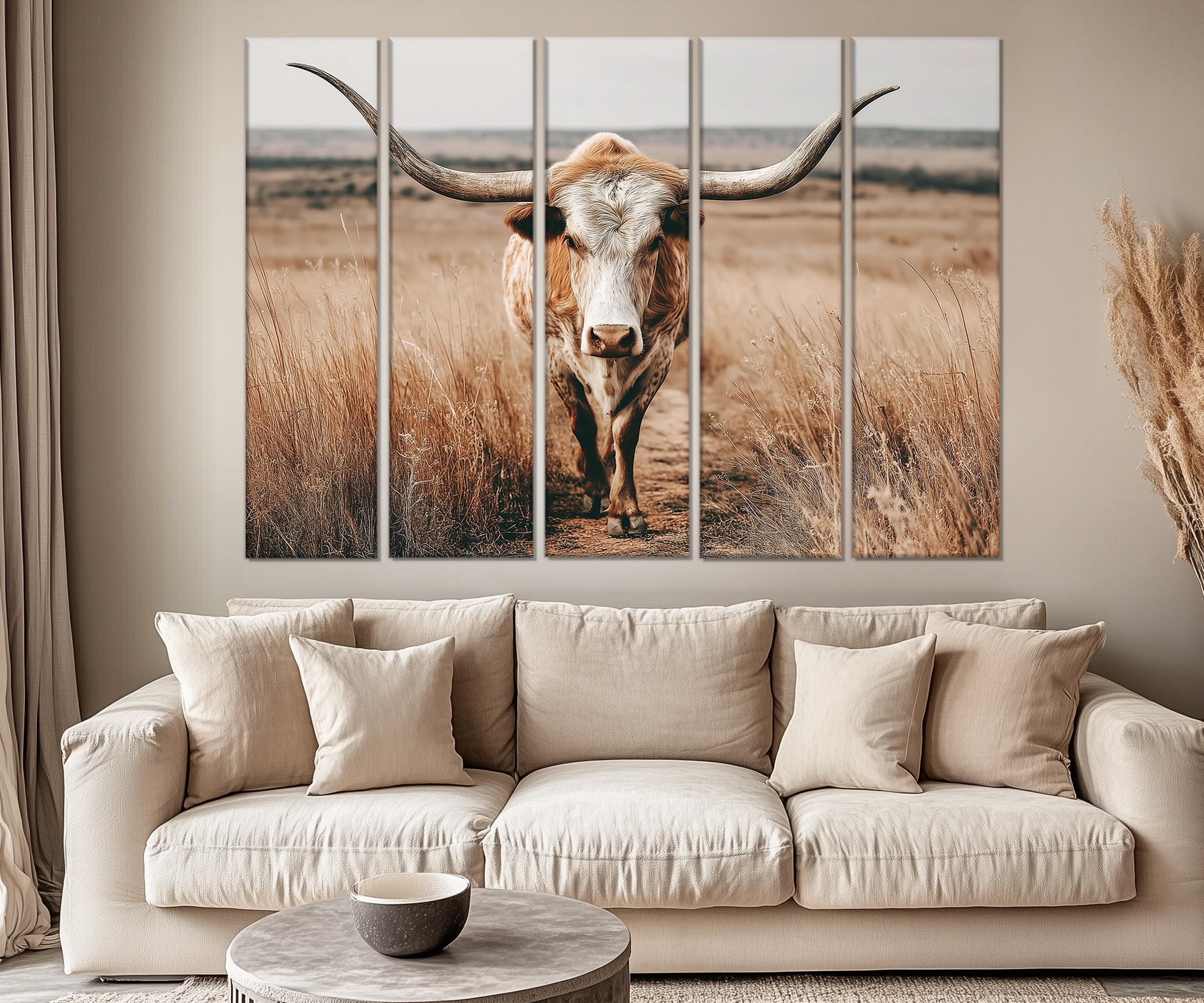 5 Piece Multipanel Longhorn Cow In Field Photography Style Wall Art