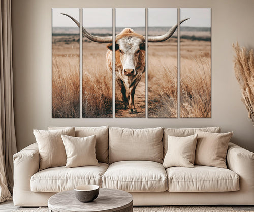 5 Piece Multipanel Longhorn Cow In Field Photography Style Wall Art