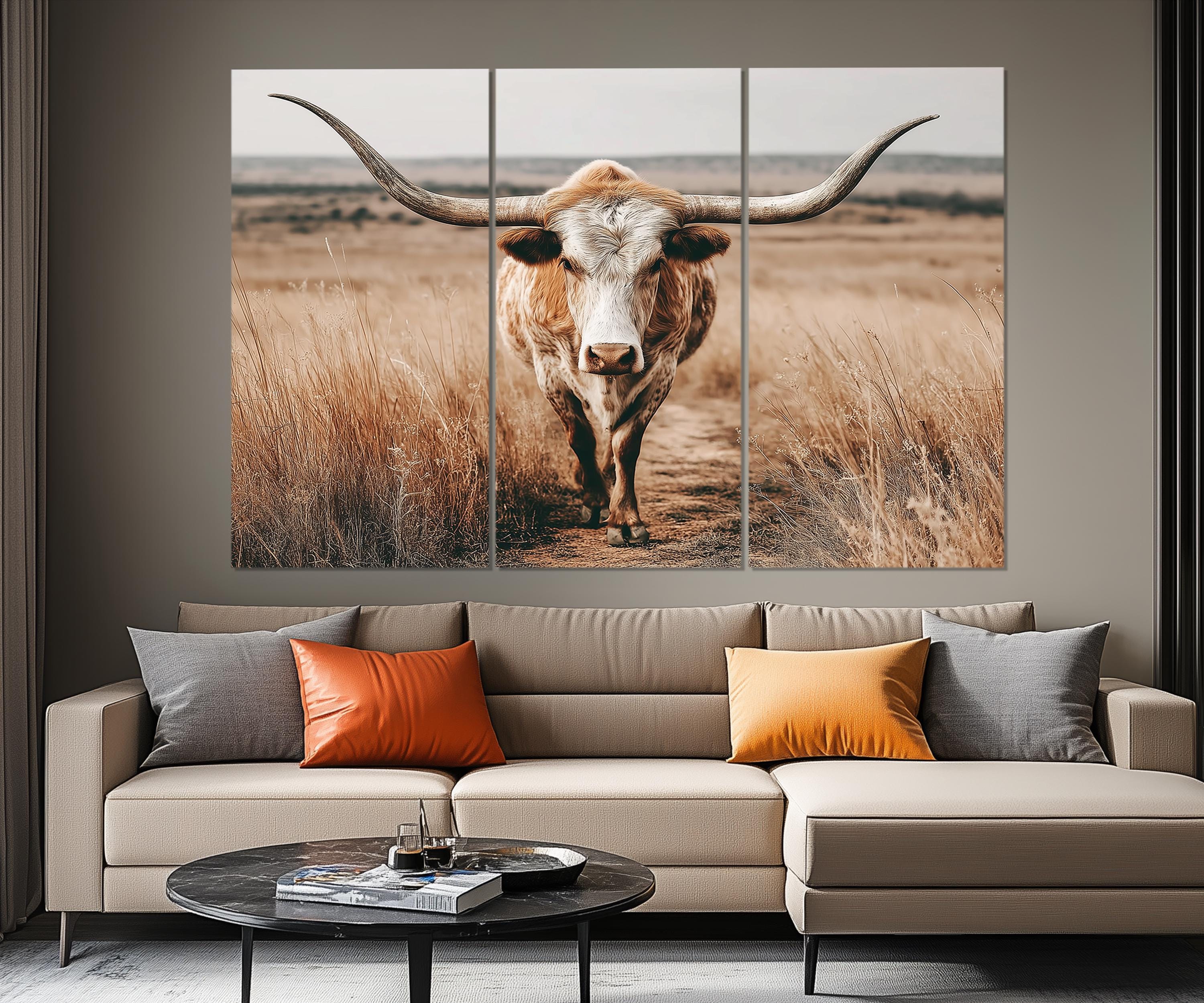 5 Piece Multipanel Longhorn Cow In Field Photography Style Wall Art