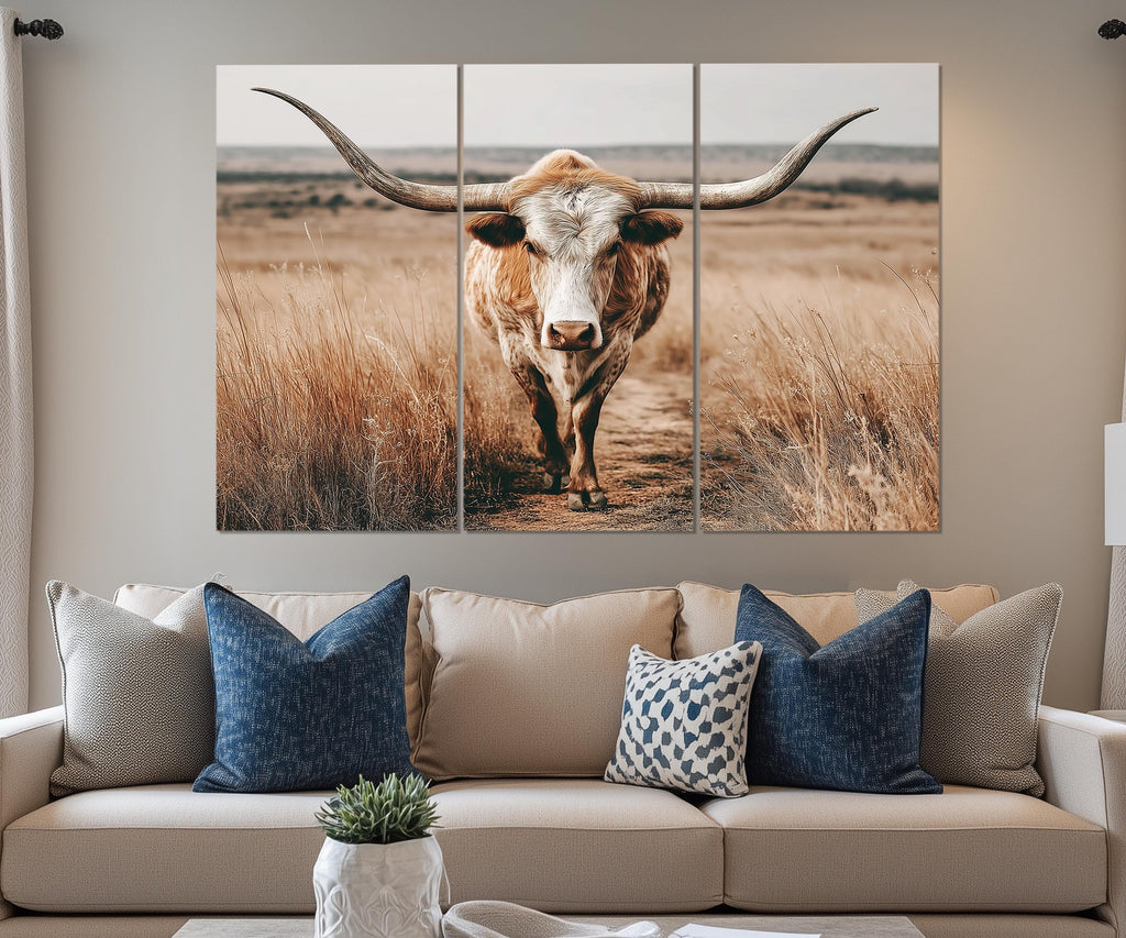 5 Piece Multipanel Longhorn Cow In Field Photography Style Wall Art