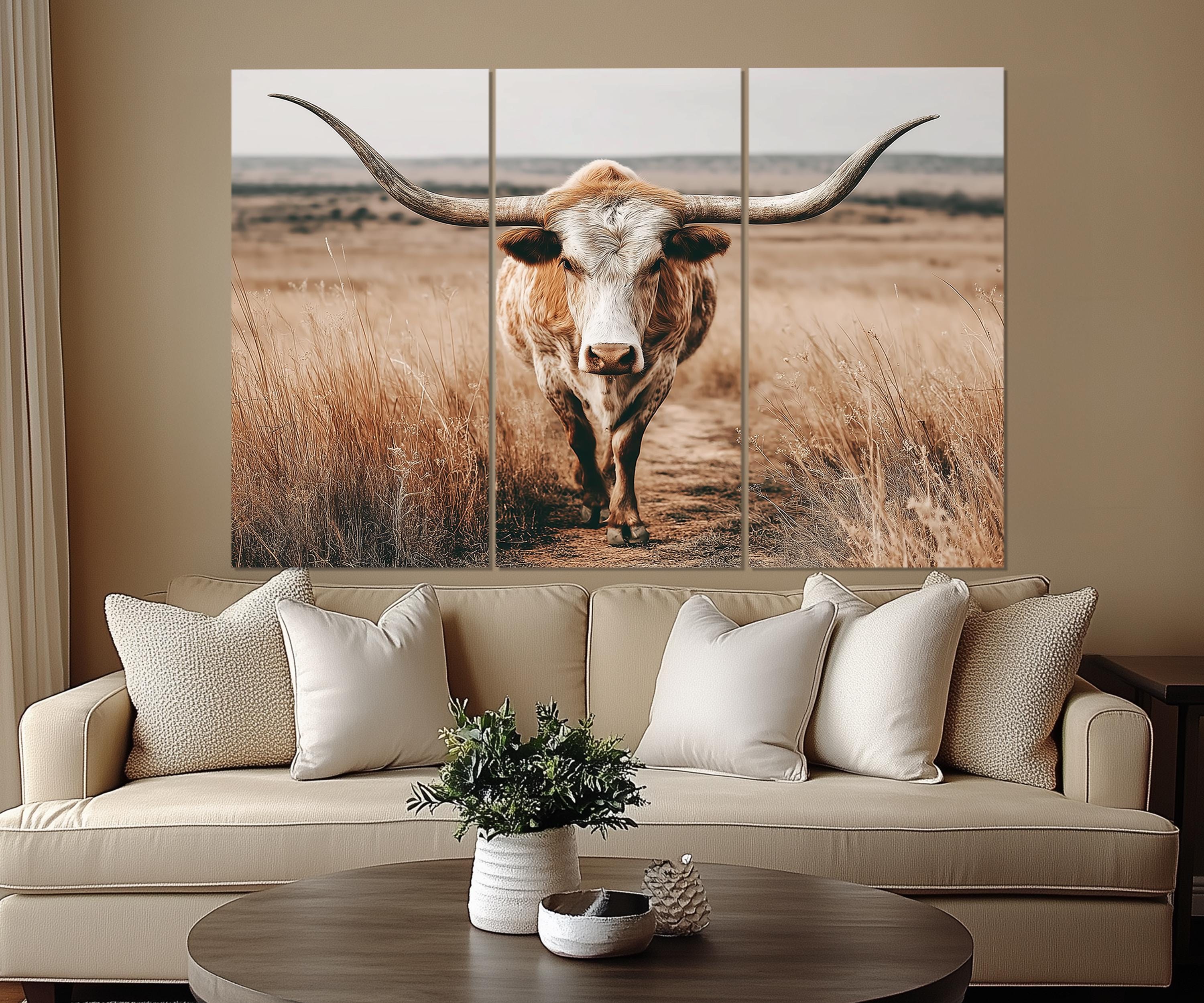 5 Piece Multipanel Longhorn Cow In Field Photography Style Wall Art
