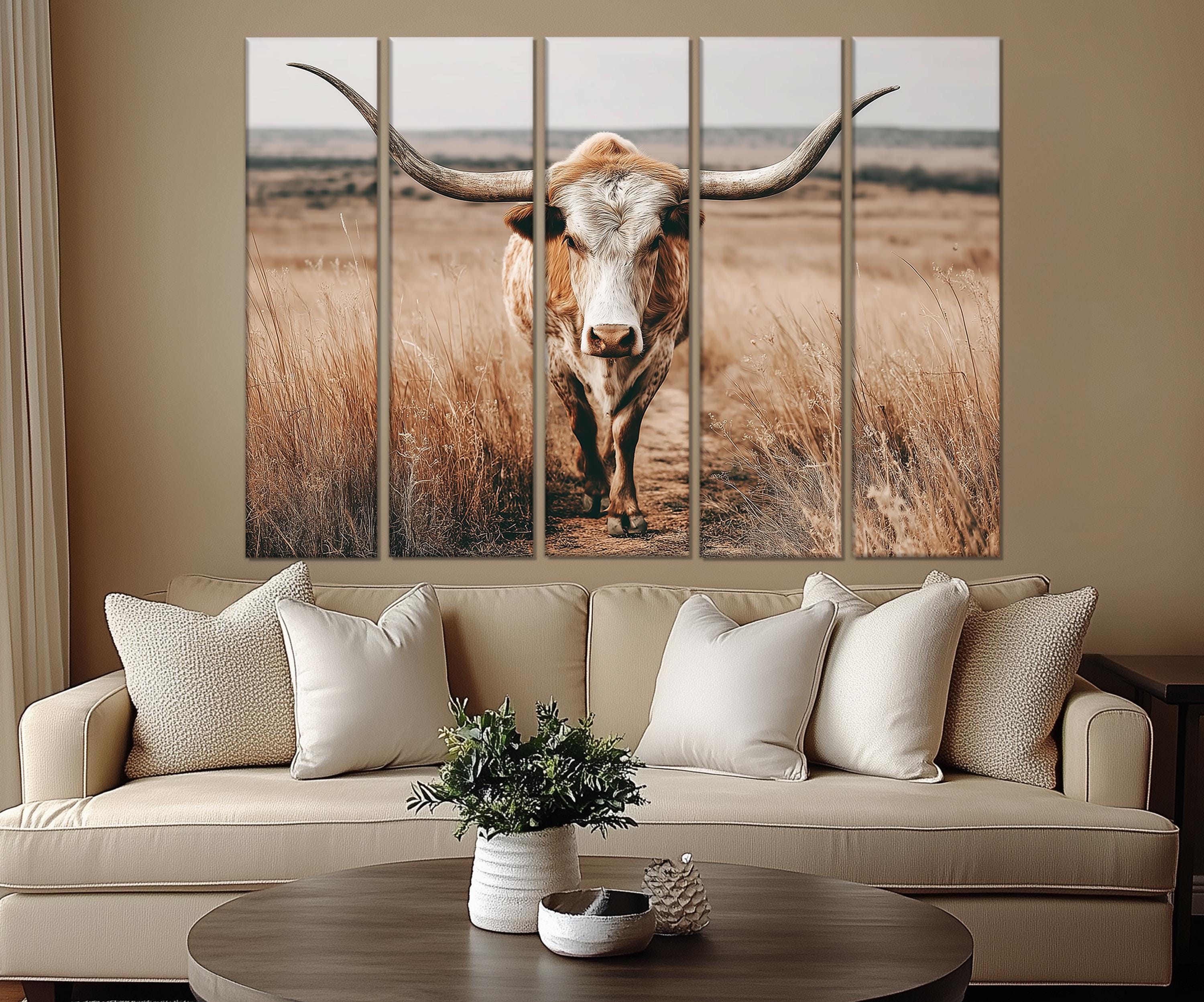 5 Piece Multipanel Longhorn Cow In Field Photography Style Wall Art
