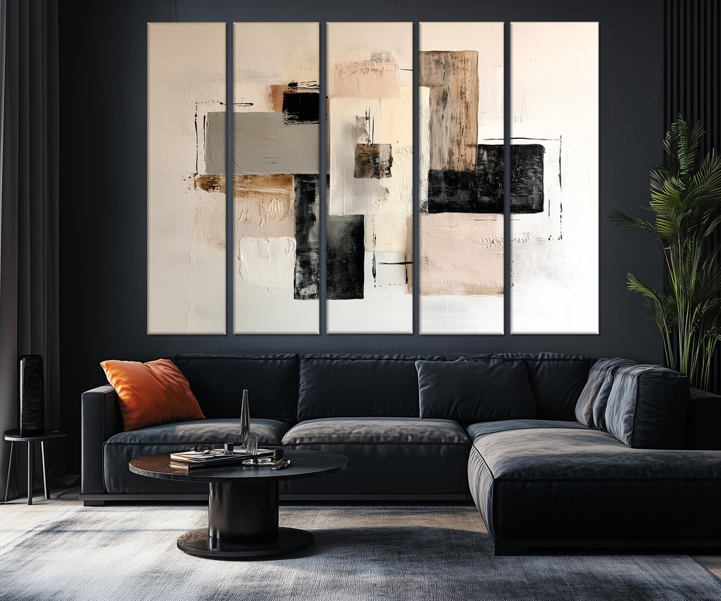 5 Piece Neutral Modern Minimalist Beige Black Taupe Abstract Wall Art