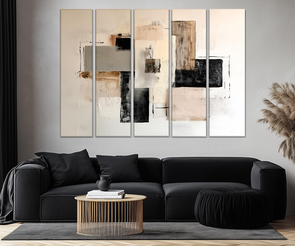 5 Piece Neutral Modern Minimalist Beige Black Taupe Abstract Wall Art