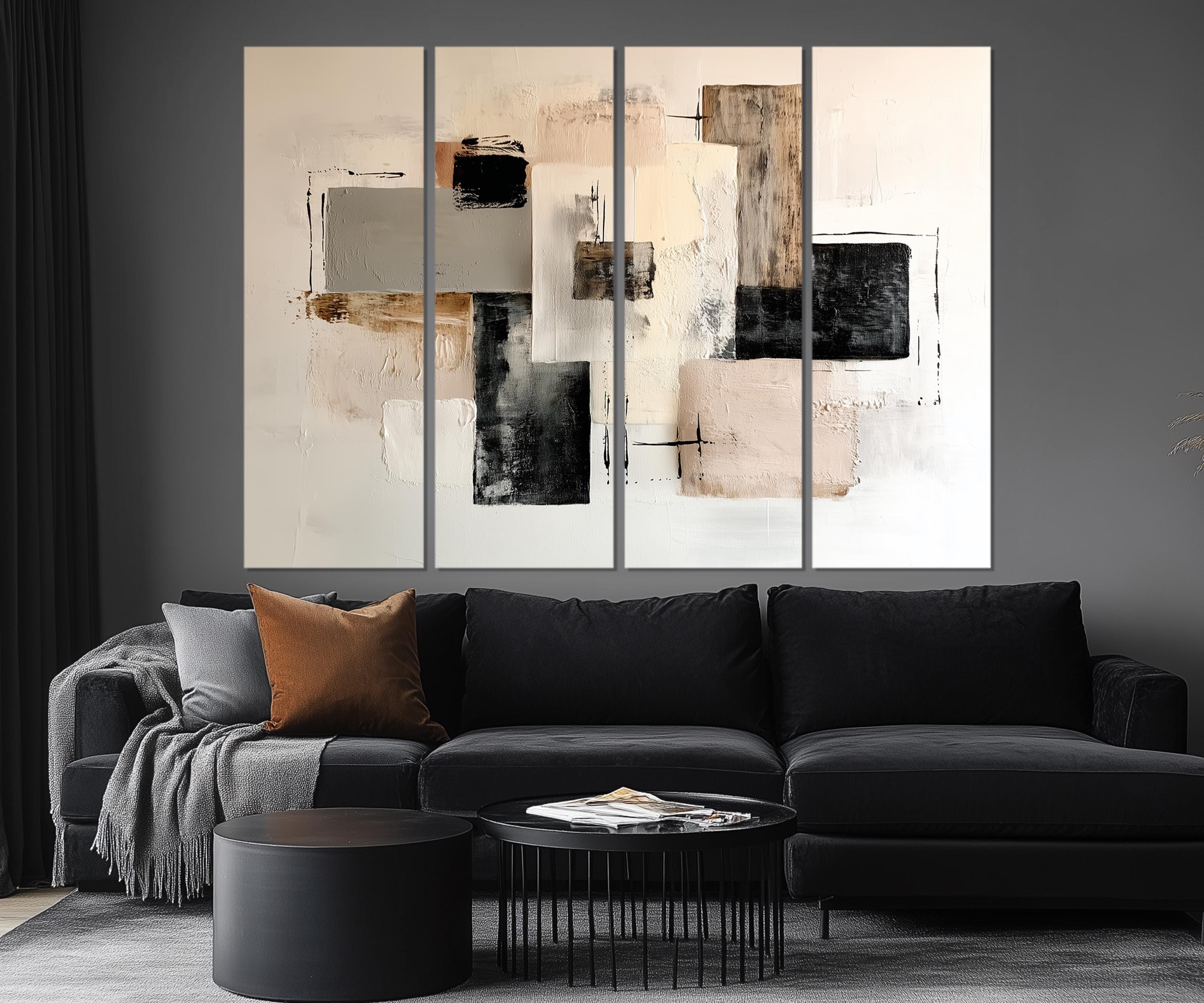 5 Piece Neutral Modern Minimalist Beige Black Taupe Abstract Wall Art