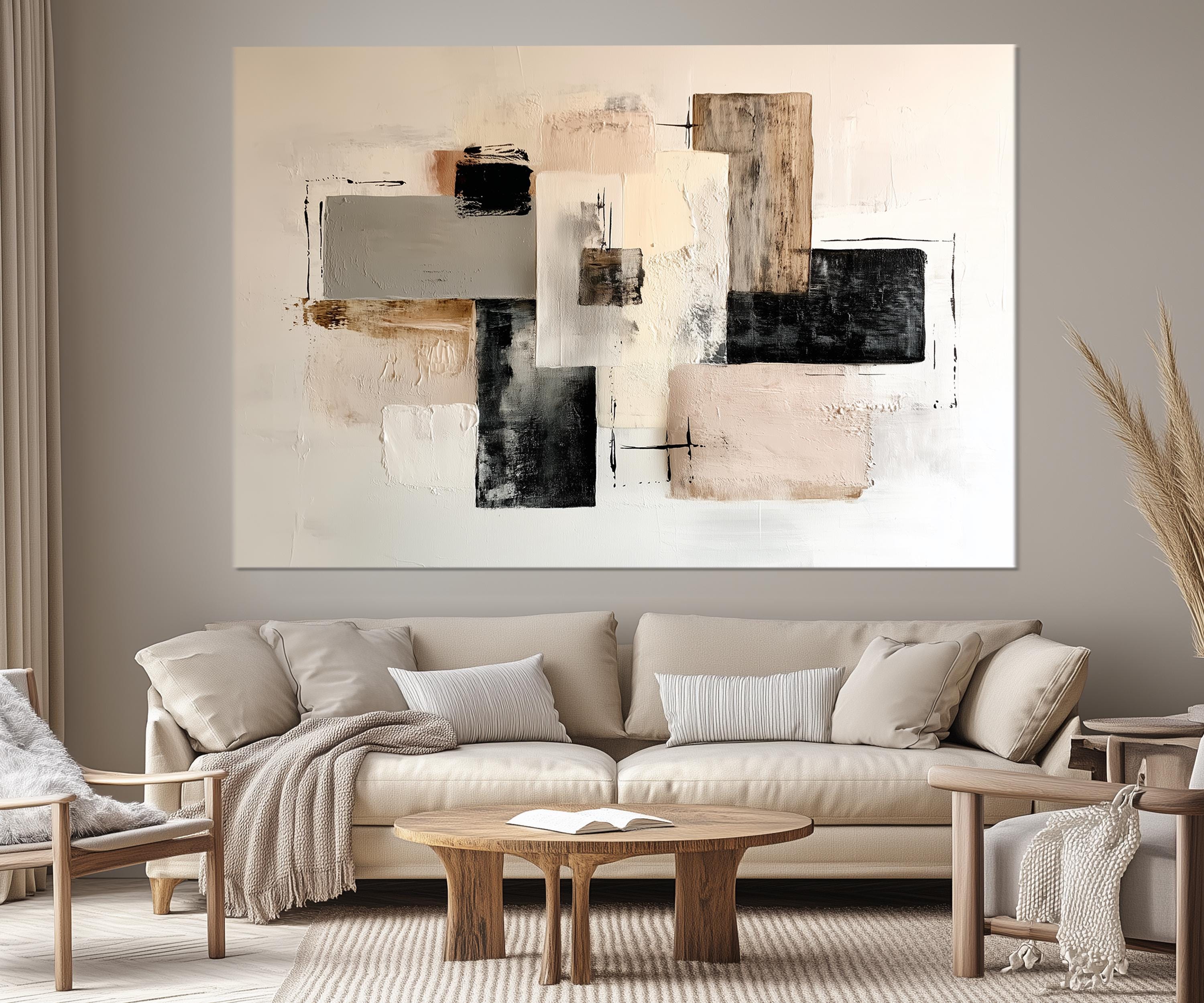 5 Piece Neutral Modern Minimalist Beige Black Taupe Abstract Wall Art