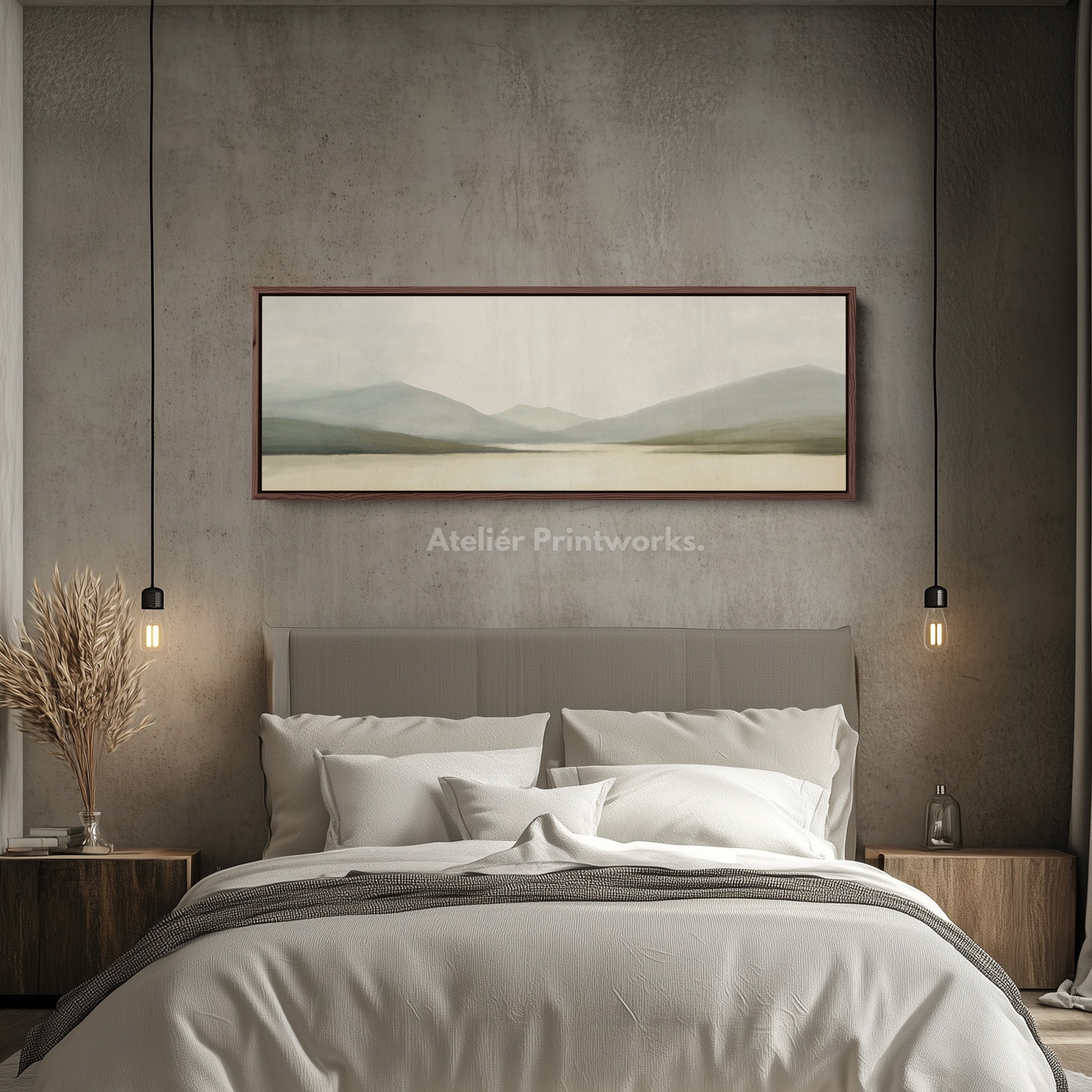 Watercolor Mountain and Lake Long Horizontal Large Canvas Wall Art