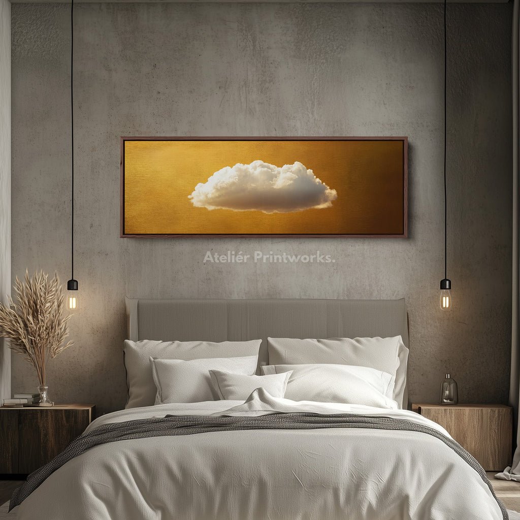 Above Bed Wall Art - Floating Golden Cloud Minimalist Horizontal Wall Art