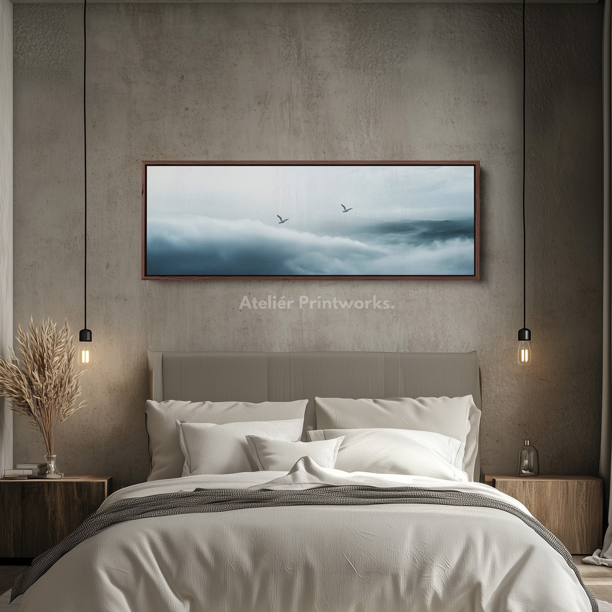 Panoramic Minimalist Cloud Long Narrow Wall Art Large Framed Canvas