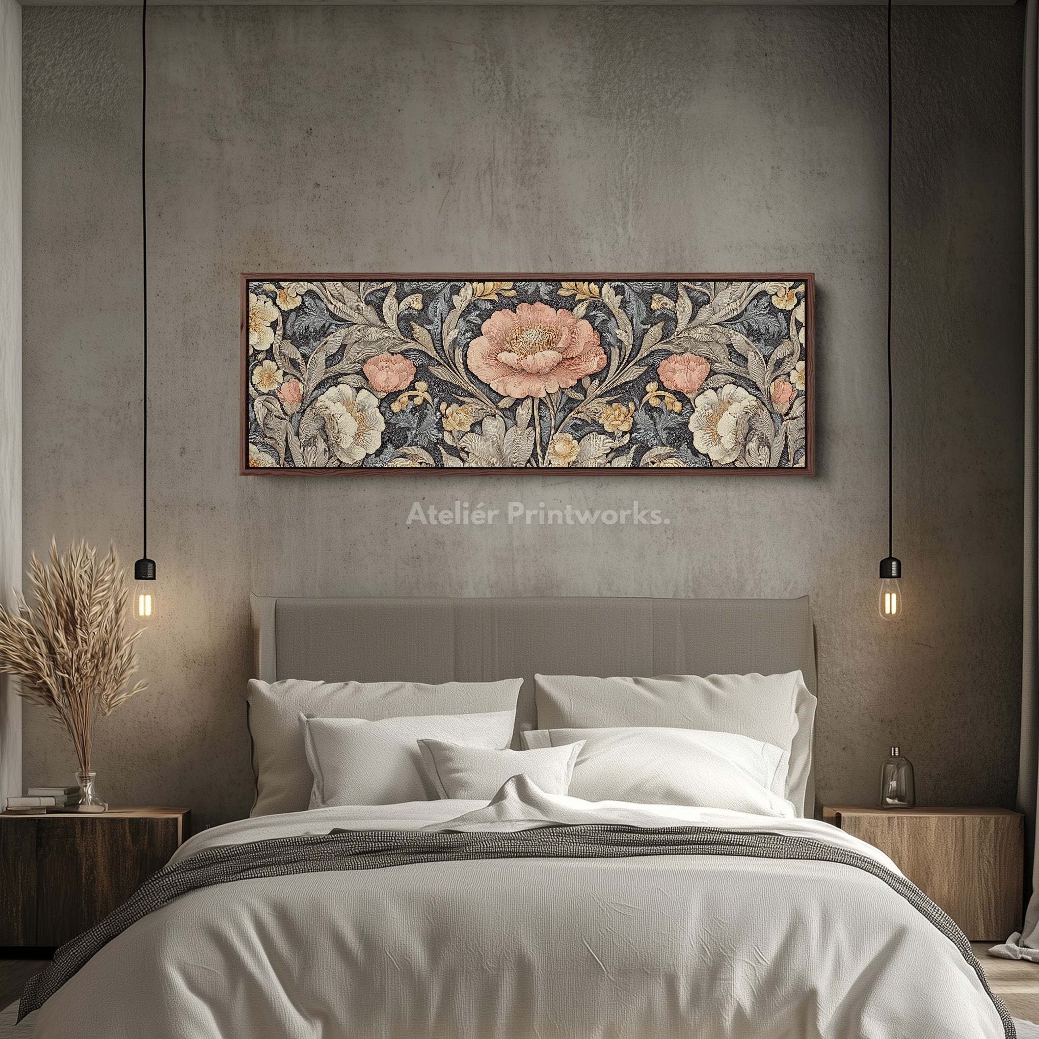 Vintage Floral Pattern Large Framed Canvas Long Narrow Horizontal Wall Art