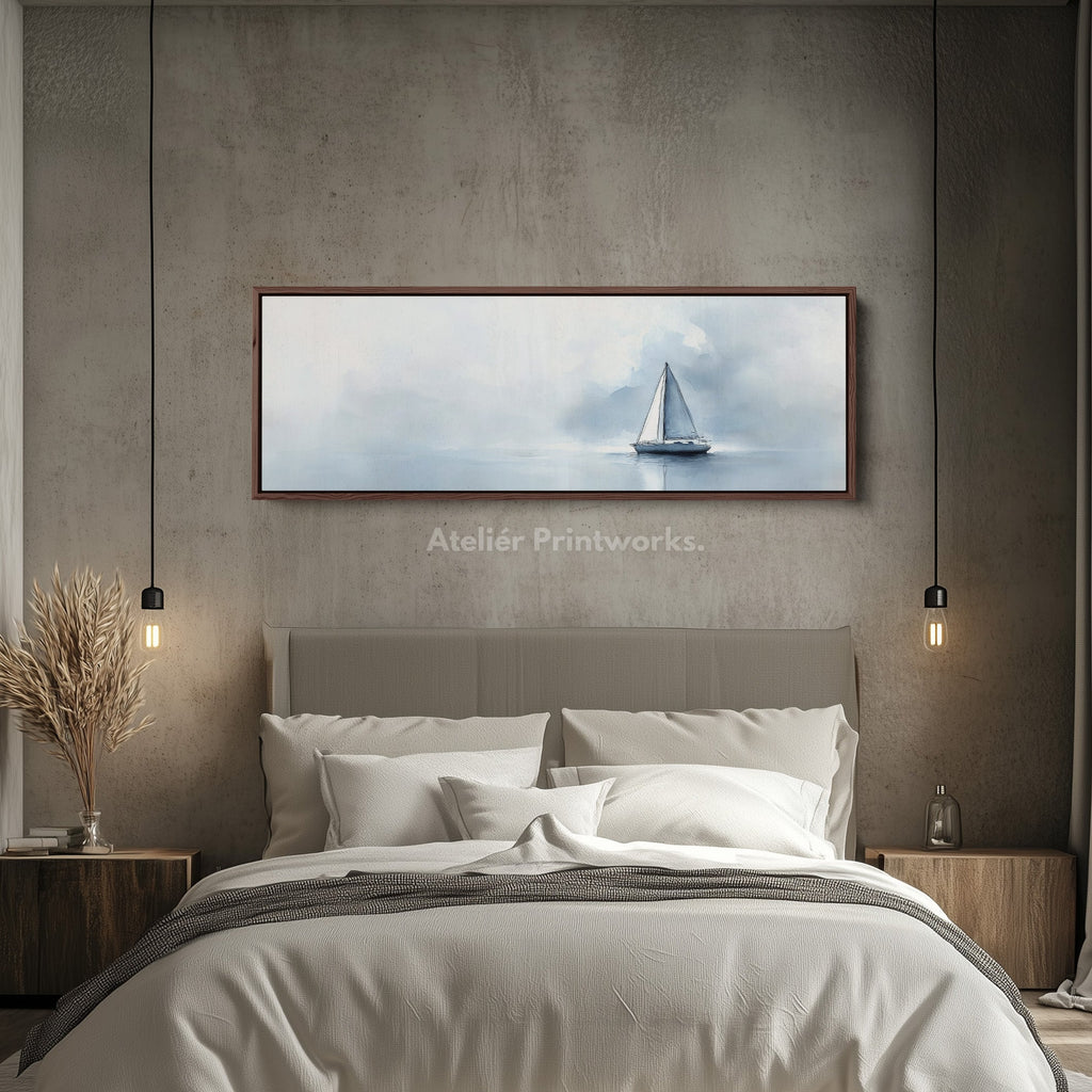 Sailboat Watercolour Large Framed Long Canvas Horizontal Wall Art