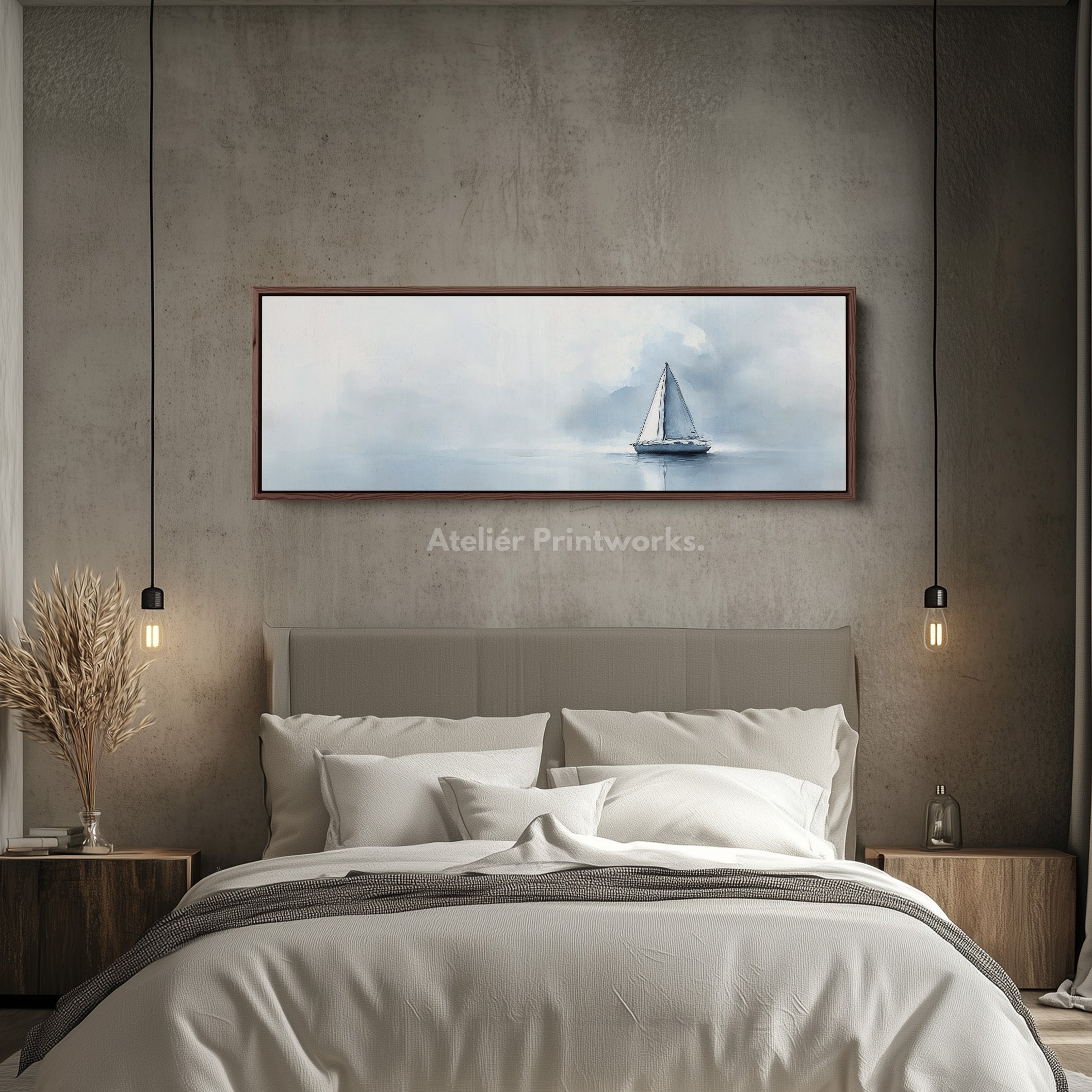 Sailboat Watercolour Large Framed Long Canvas Horizontal Wall Art