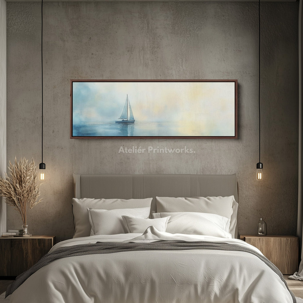 Calming Watercolour Sailboat Large Framed Long Canvas Horizontal Wall Art