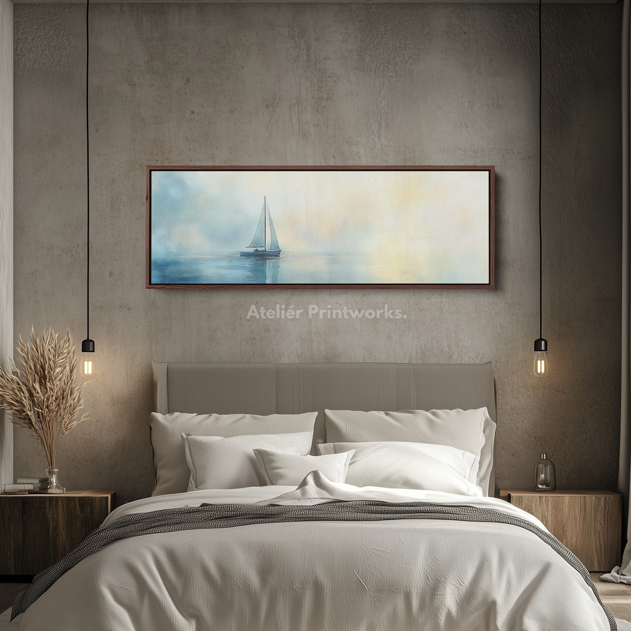 Calming Watercolour Sailboat Large Framed Long Canvas Horizontal Wall Art