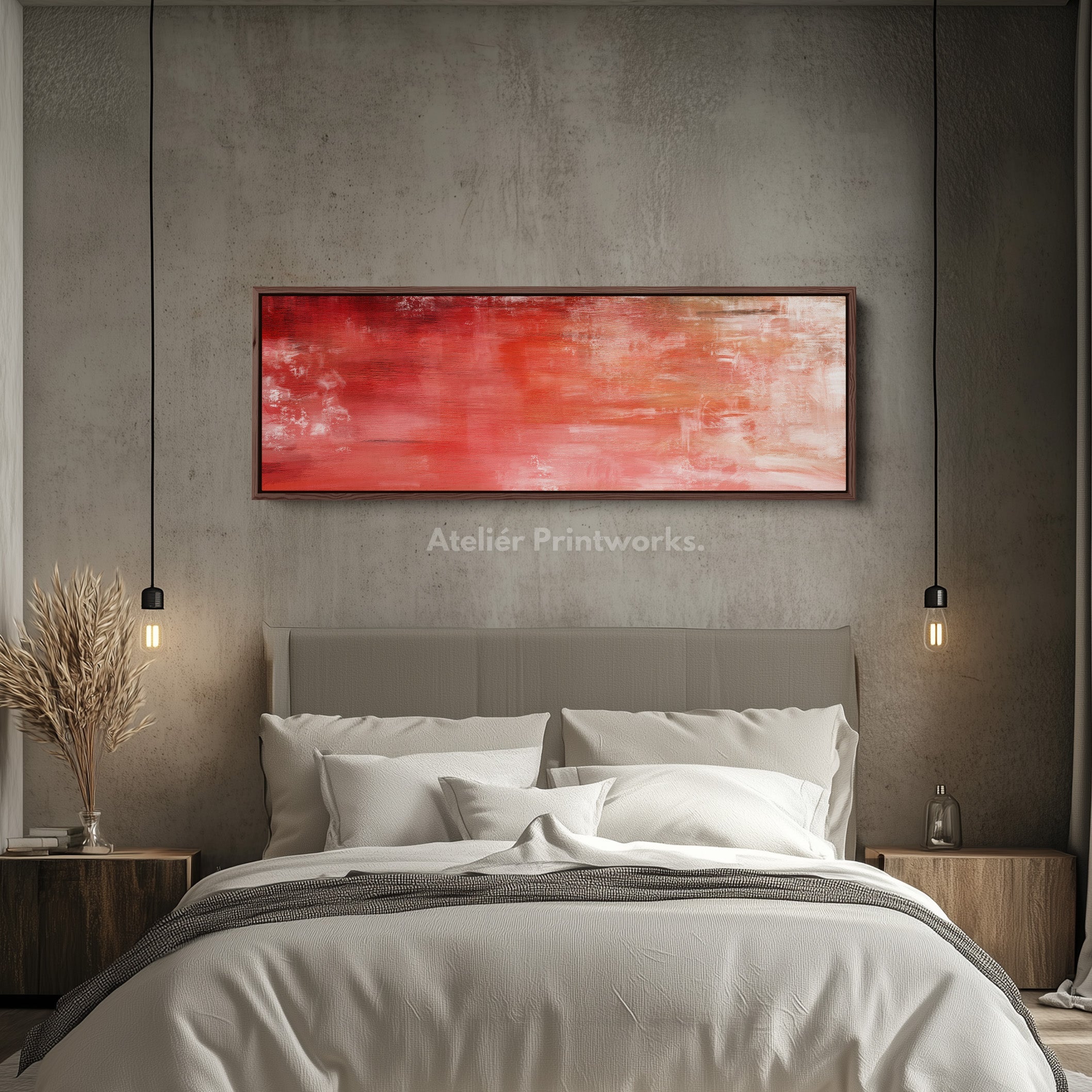 Abstract Red Long Horizontal Wall Art, Panoramic Wall Art Wide Wall Art