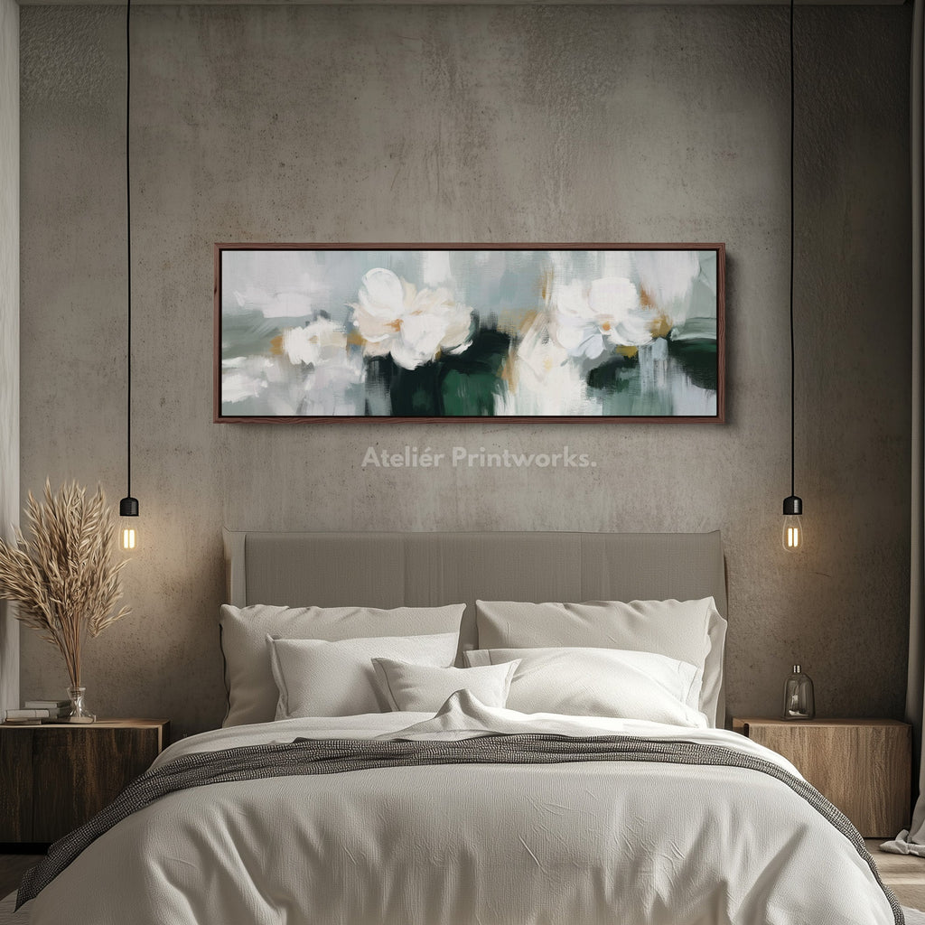 Horizontal Wall Art White Abstract Floral Canvas Print – Soft Neutral Brushstroke Flowers – Modern Above Sofa Art for Living Room