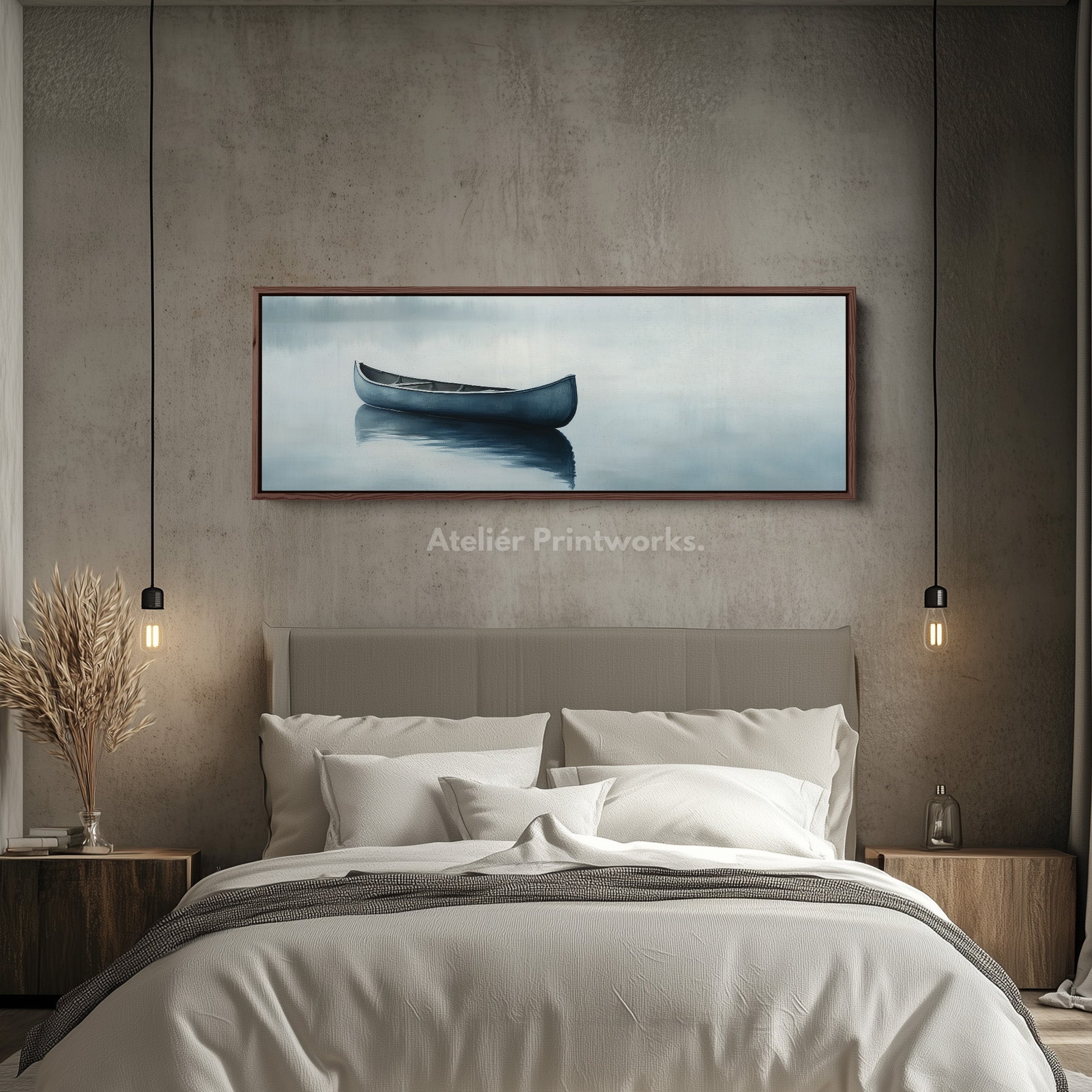 Misty Lake Canoe Wide Framed Above Bed Wall Art