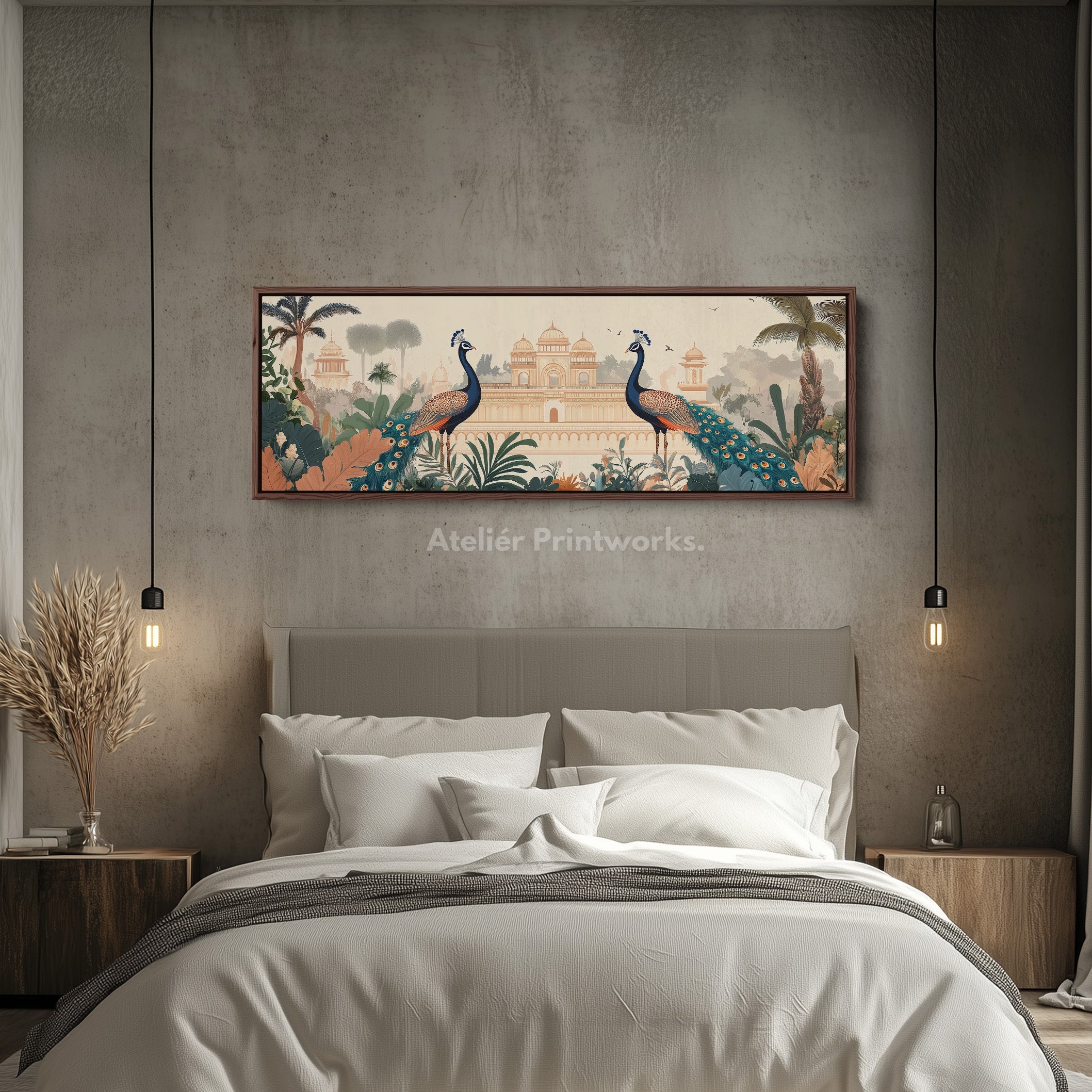 Peacock Palace Wide Framed Above Bed Wall Art