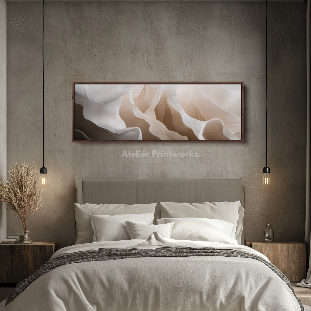 Beige & White Abstract Above Bed Long Narrow Horizontal Wall Art
