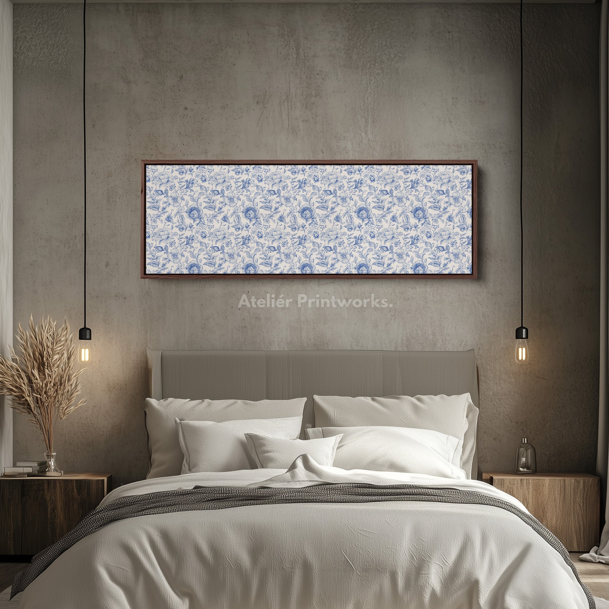 Blue Floral Panoramic Above Bed Wall Art