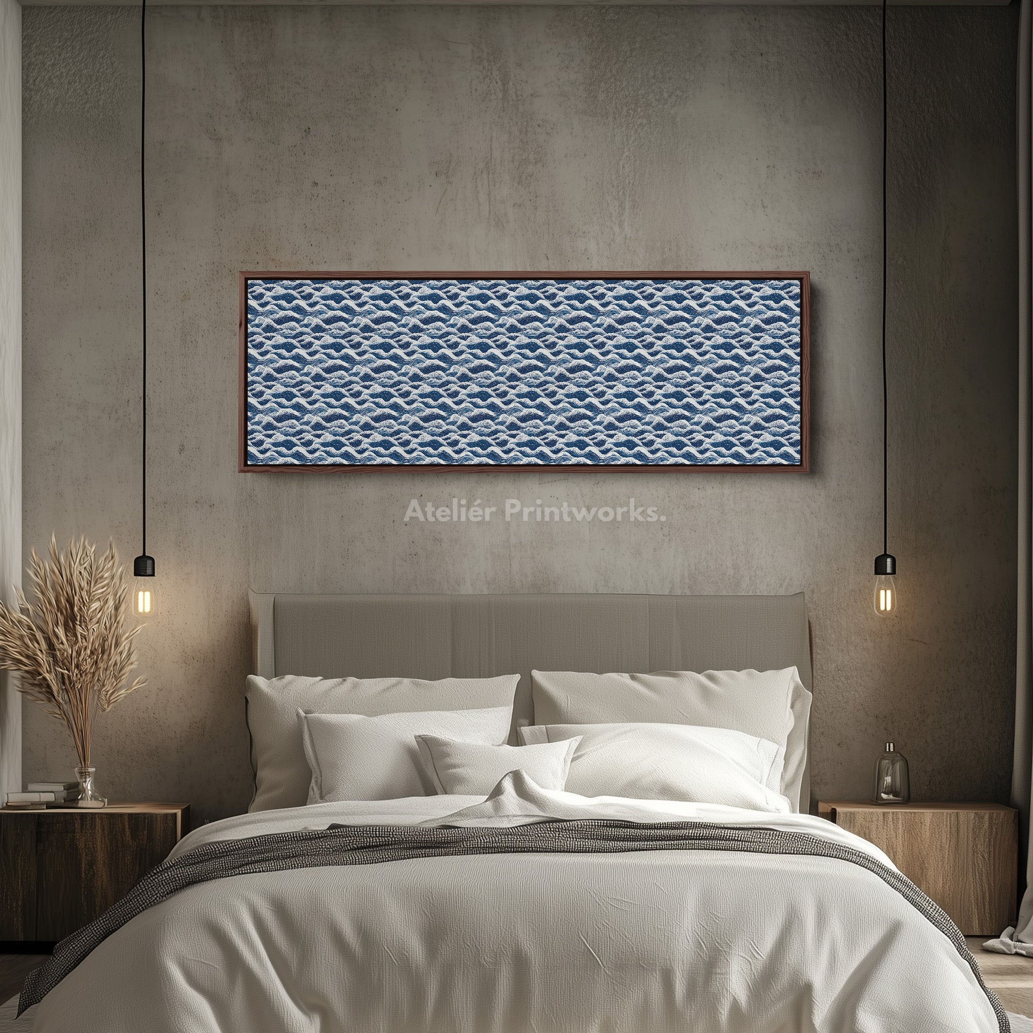 Horizontal Wall Art Long Blue Japandi Style Wave