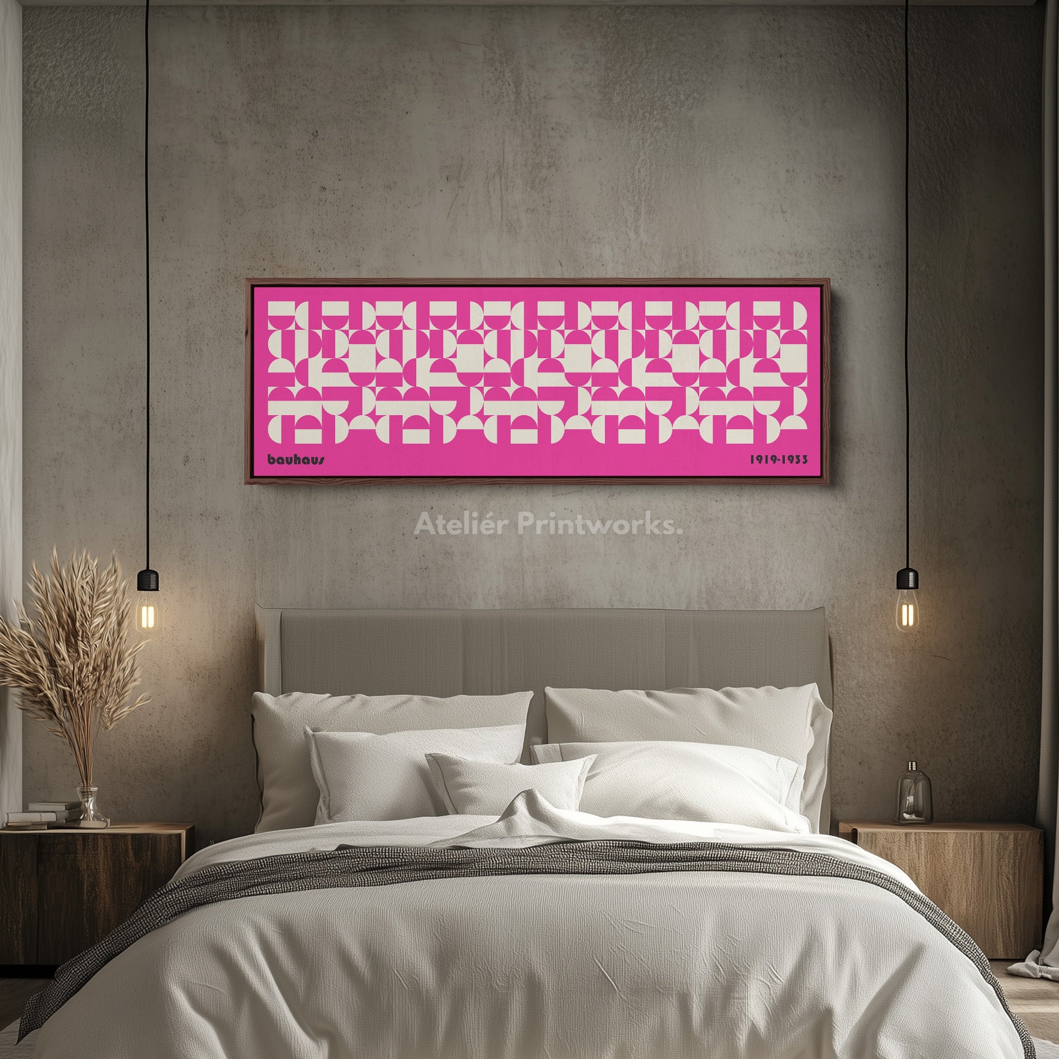 Large Framed Long Wall Art Pink Mid Century Bauhaus