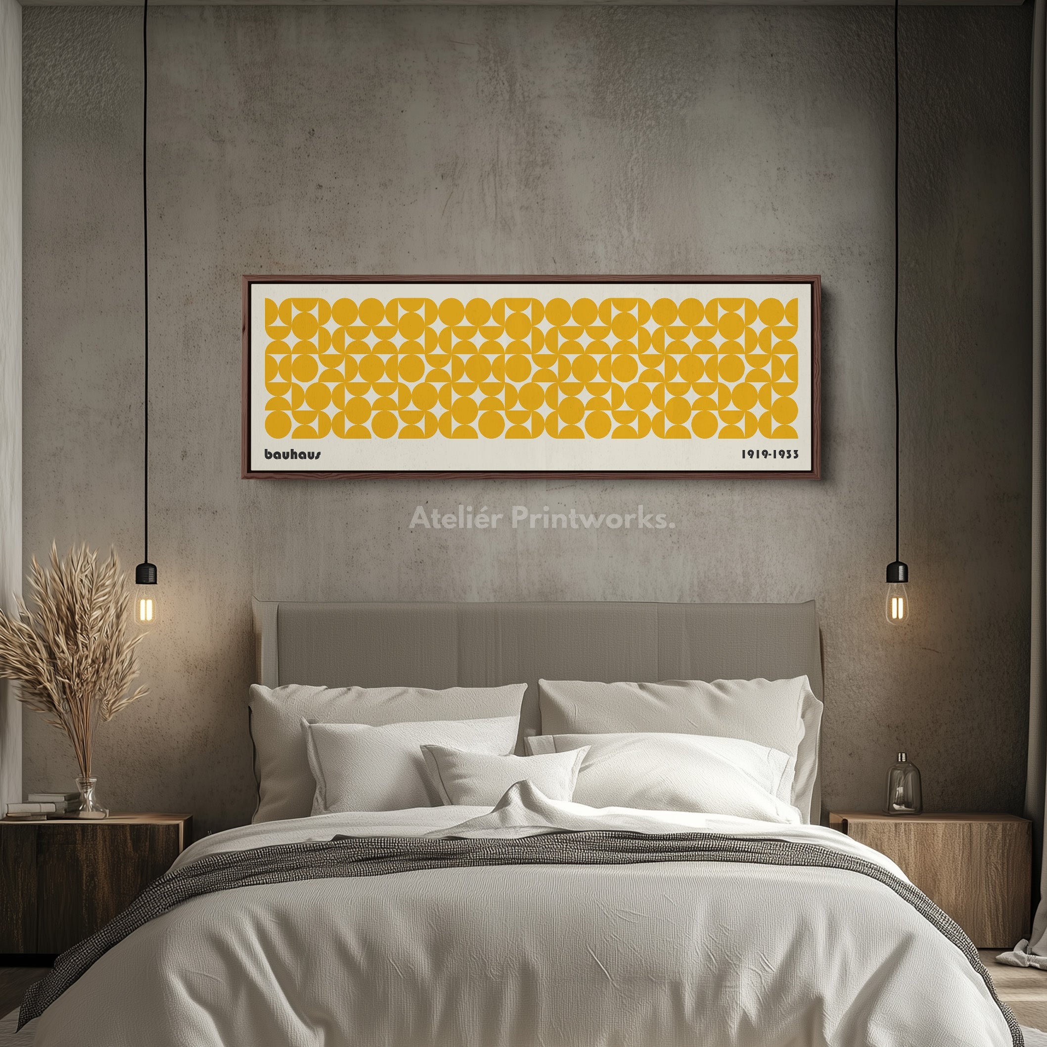 Large Framed Long Wall Art Yellow Mid Century Bauhaus