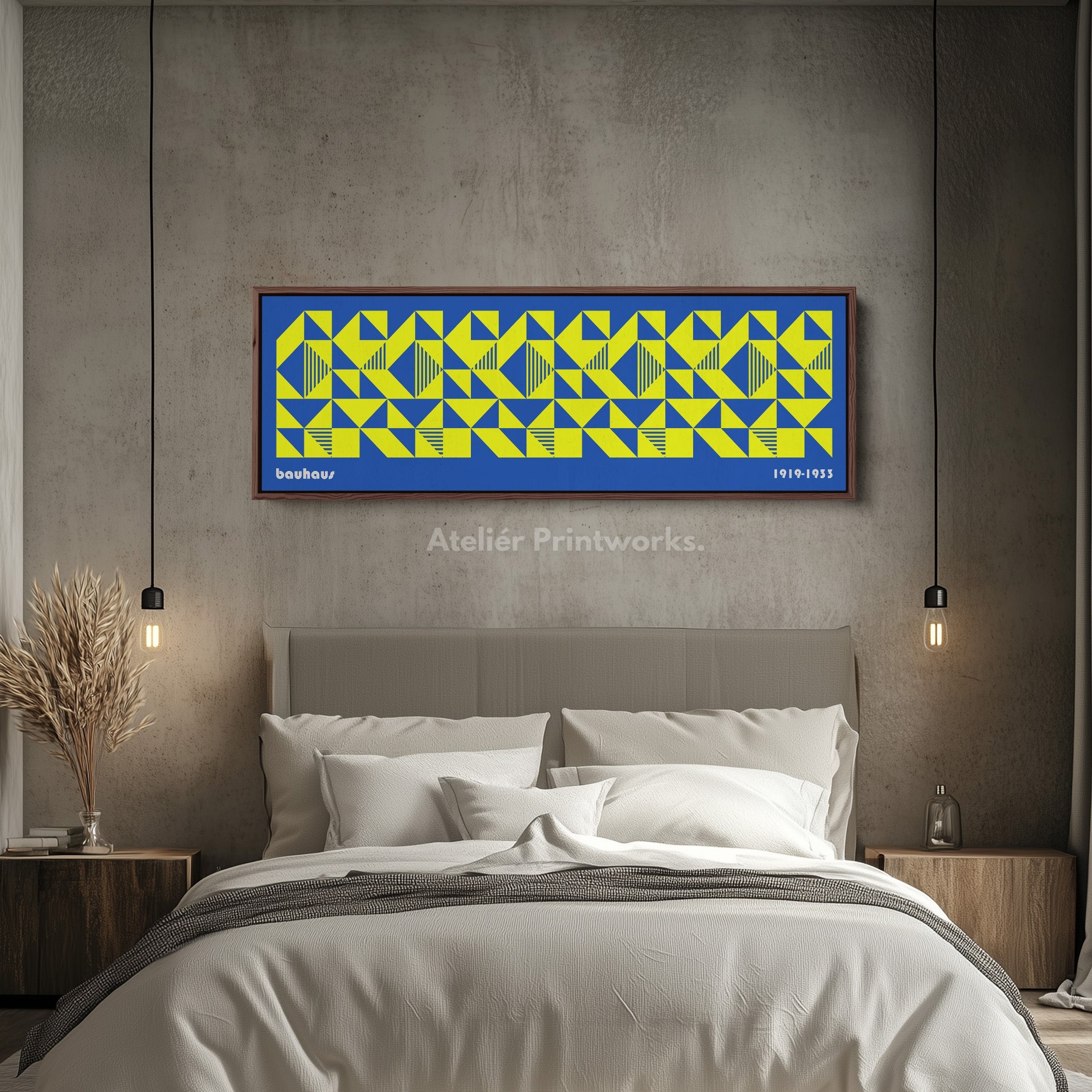Blue & Yellow Large Framed Long Wall Art Mid Century Bauhaus