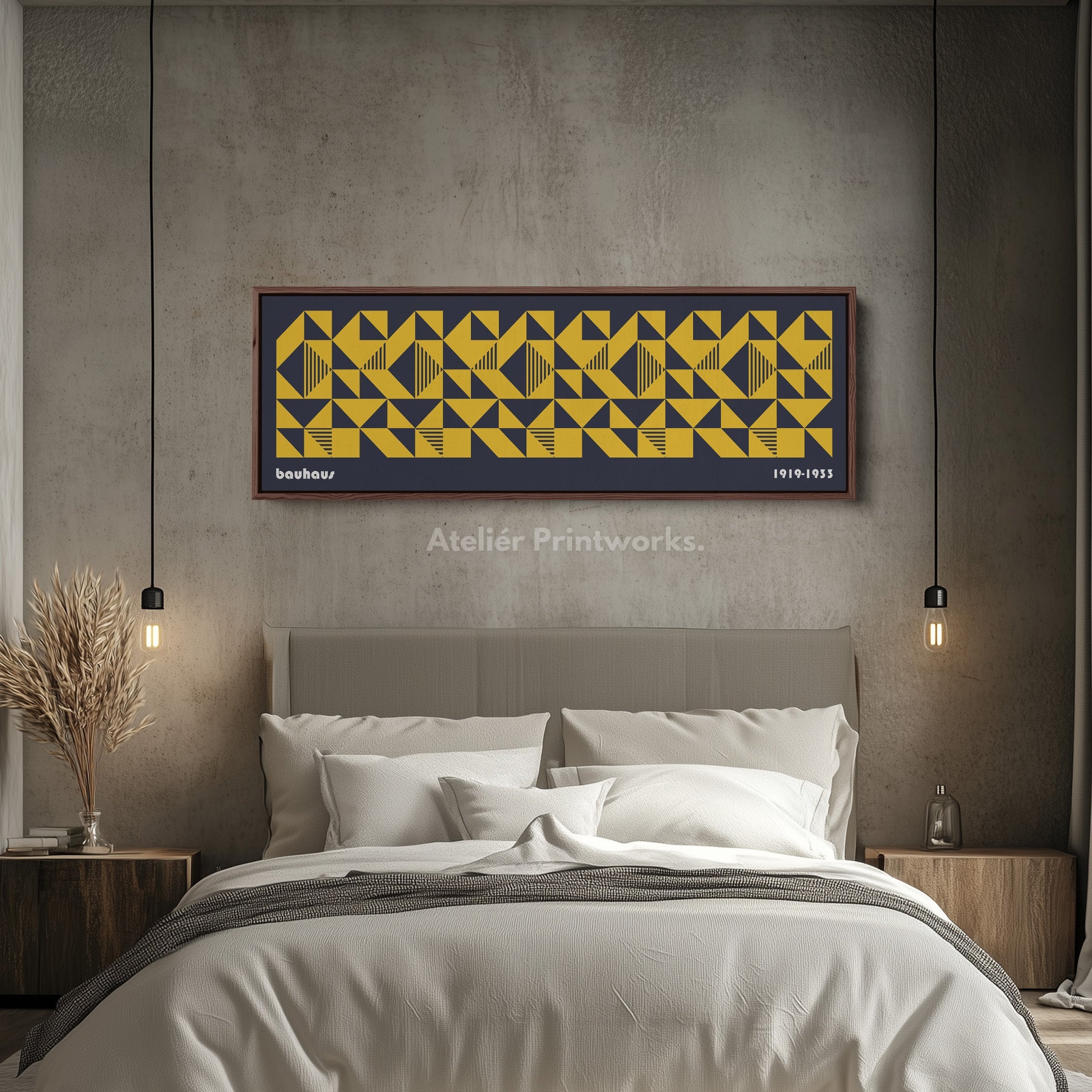 Dark Blue Bauhaus Long Skinny Panoramic Framed Canvas Wall Art