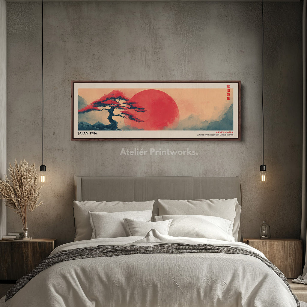 Red Sun and Bonsai – Long Narrow Japandi Wall Art Japanese Tree Landscape Canvas