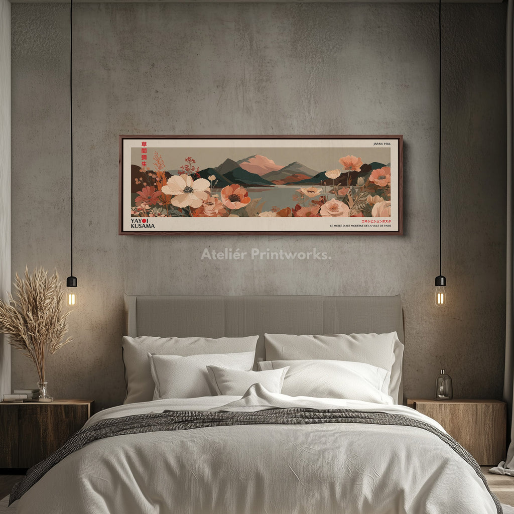 Yayoi Kusama Floral Landscape – Long Narrow Framed Canvas - Japanese Flower & Mountain Wall Art