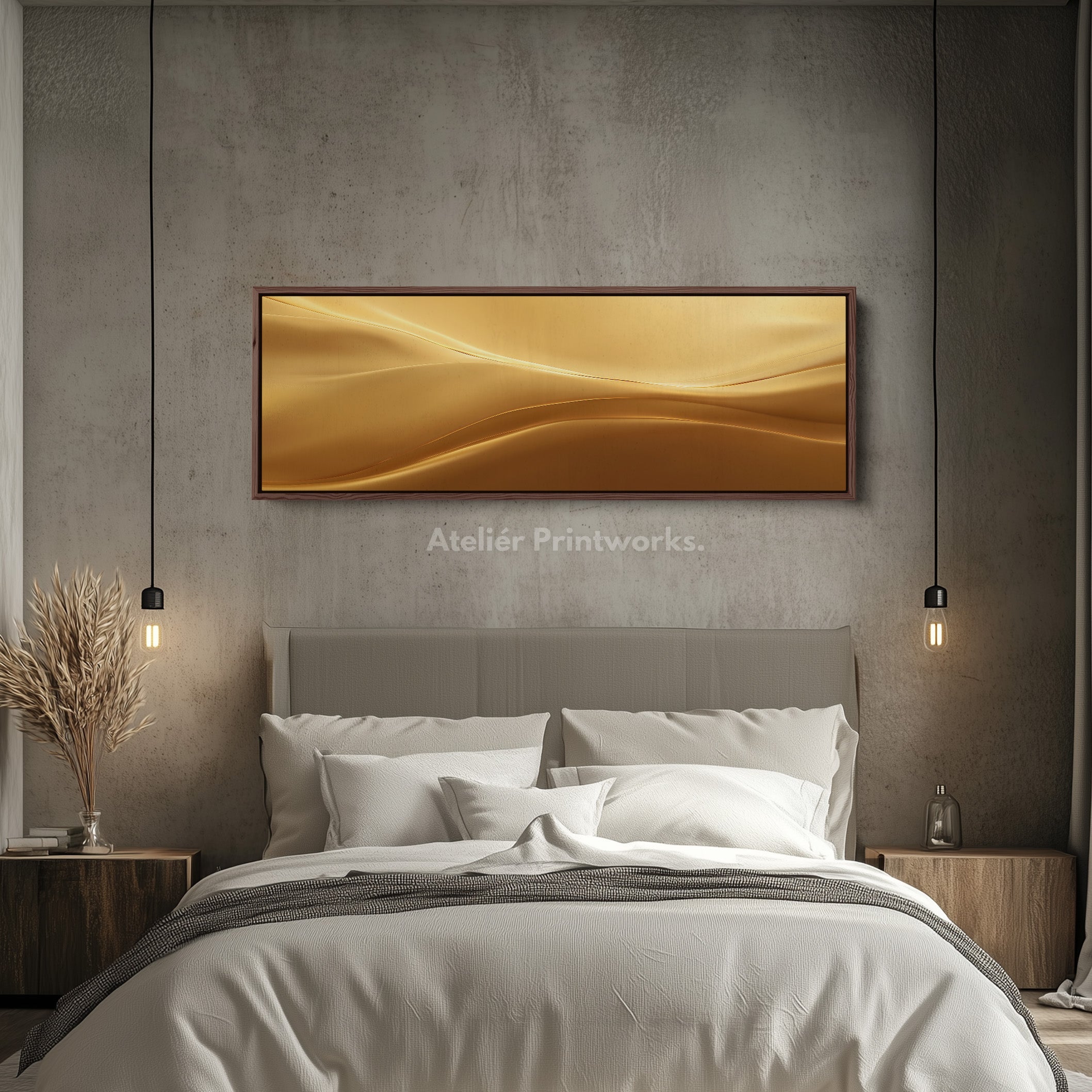 Panoramic Gold Wave Horizontal Wall Art Long Framed Canvas Modern Luxury Decor