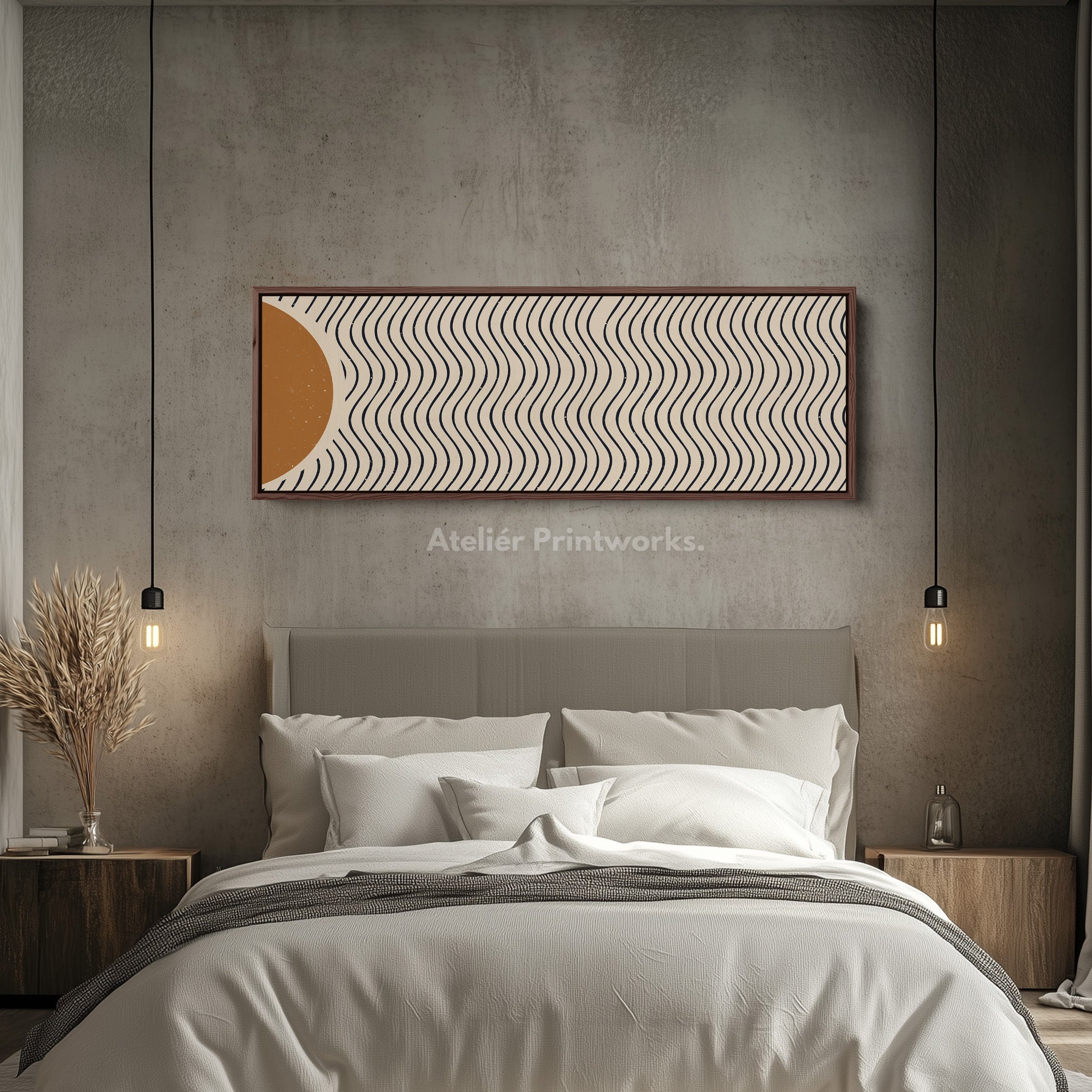 Panoramic Wall Art Warm Brown And Black Wavy Line Design For Living Room