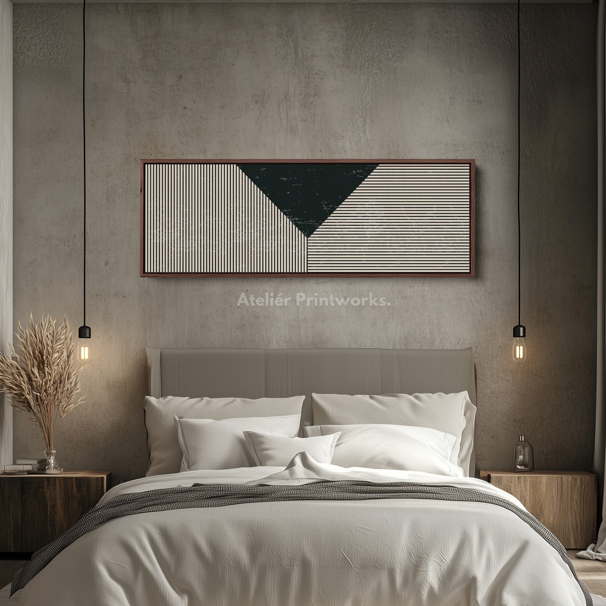 Long Framed Canvas Black Beige Geometric Wide Wall Art
