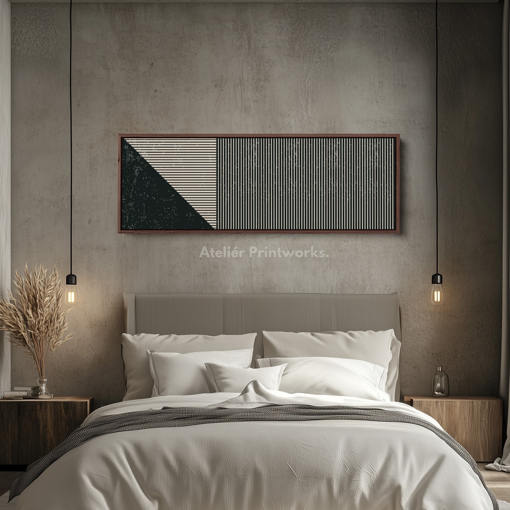 Wide Geometric Wall Art Beige Black Minimalist Long Canvas