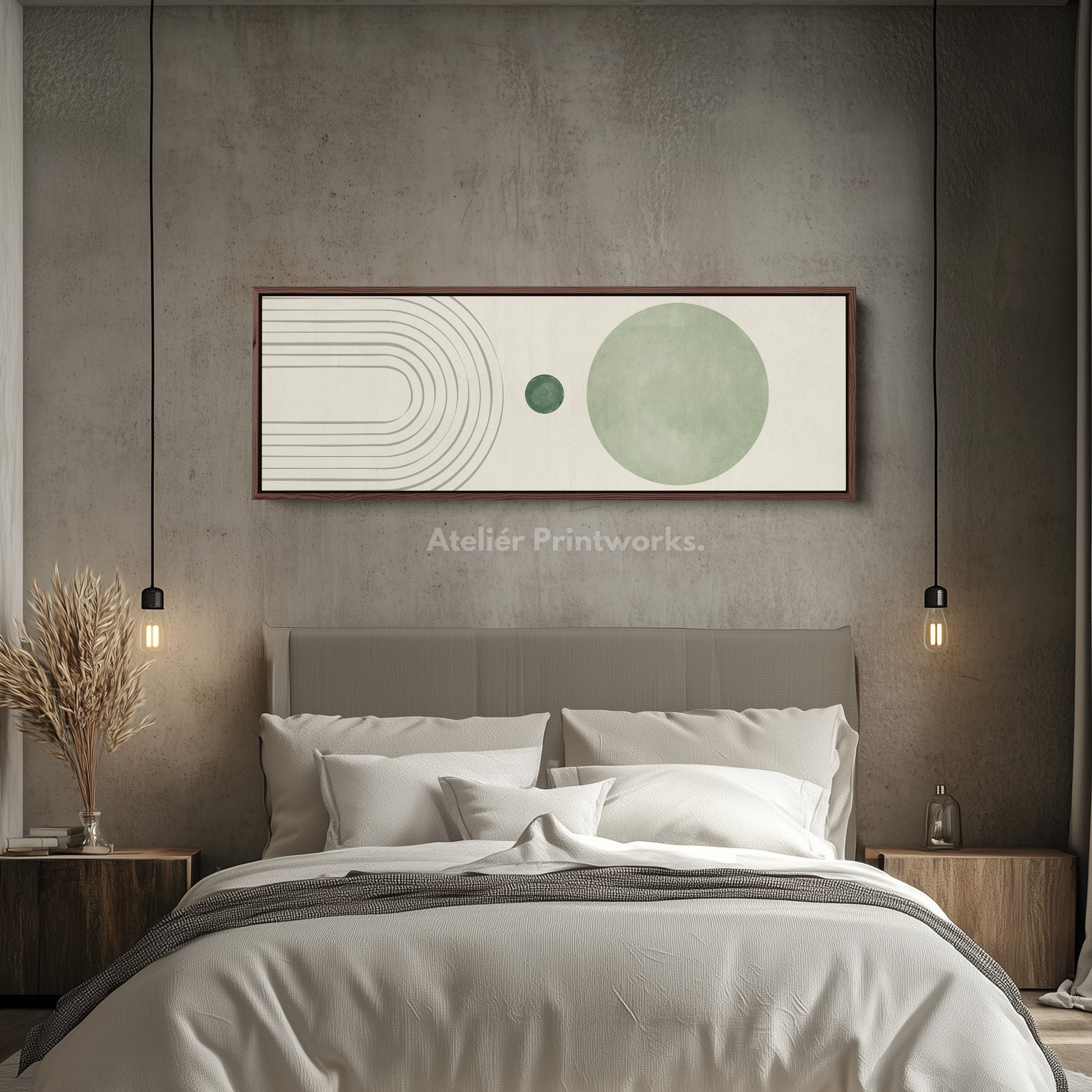 Wide Wall Art Minimalist Curves In Green And Beige For Hallway