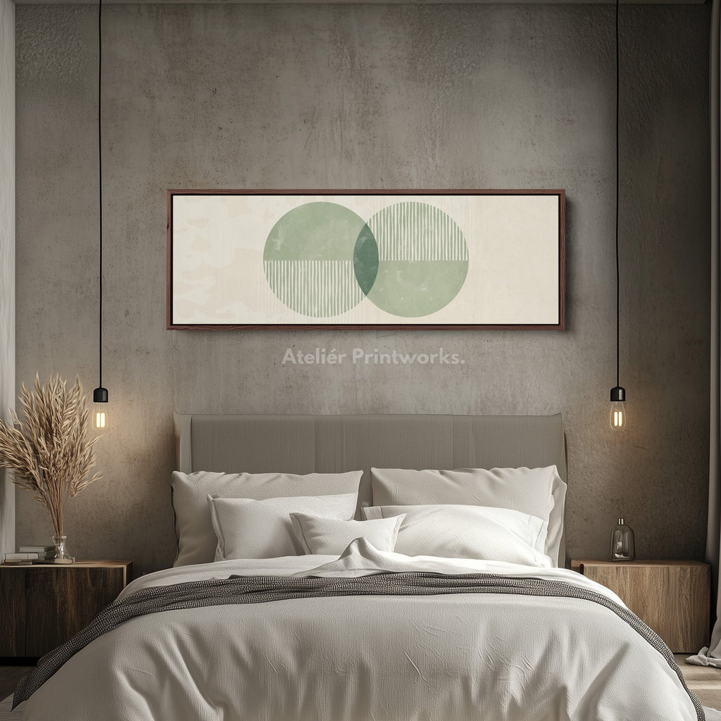 Panoramic Wall Art Dual Green Circles With Vertical Accents For Living Room