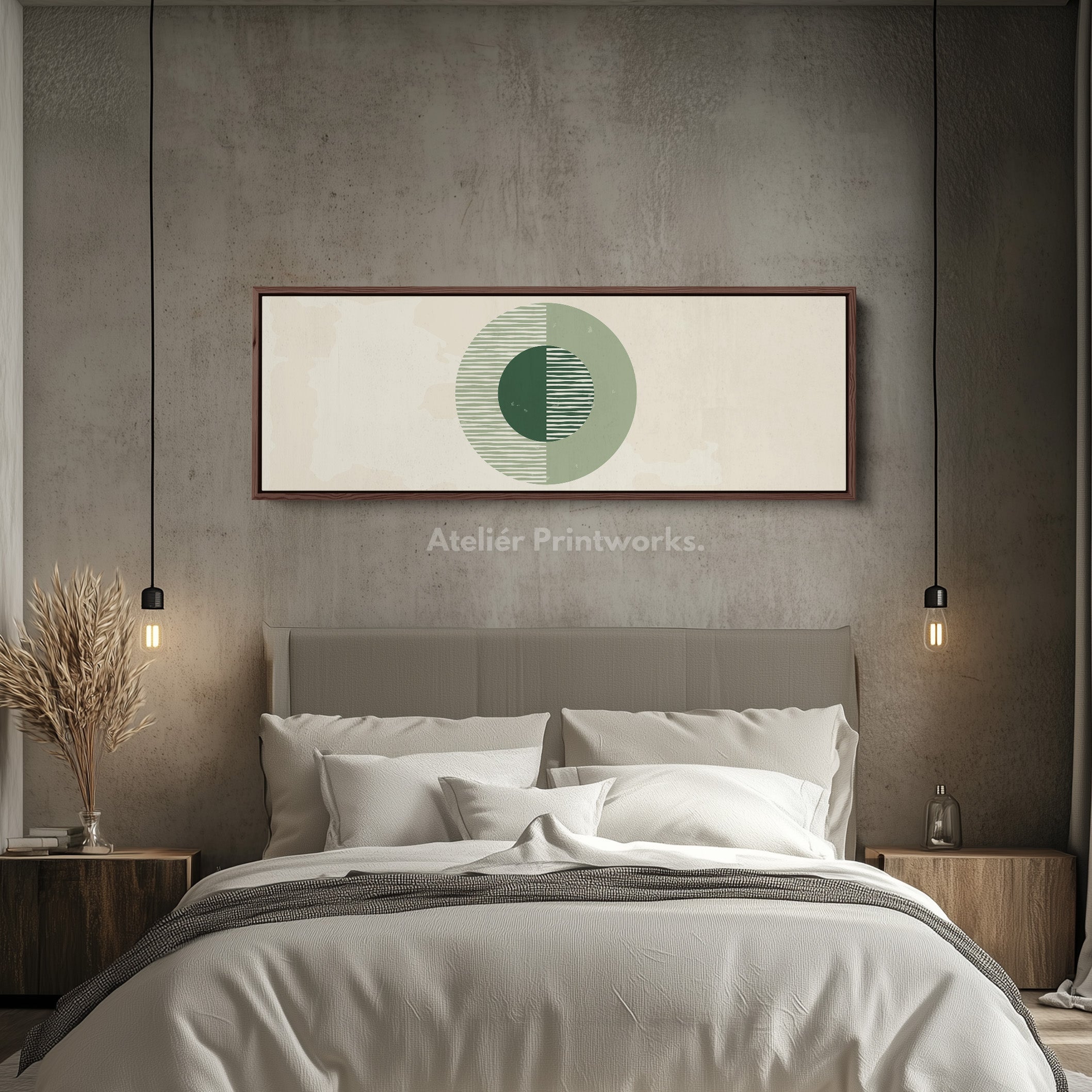 Horizontal Wall Art Three Green Circles With Soft Stripe Detailing