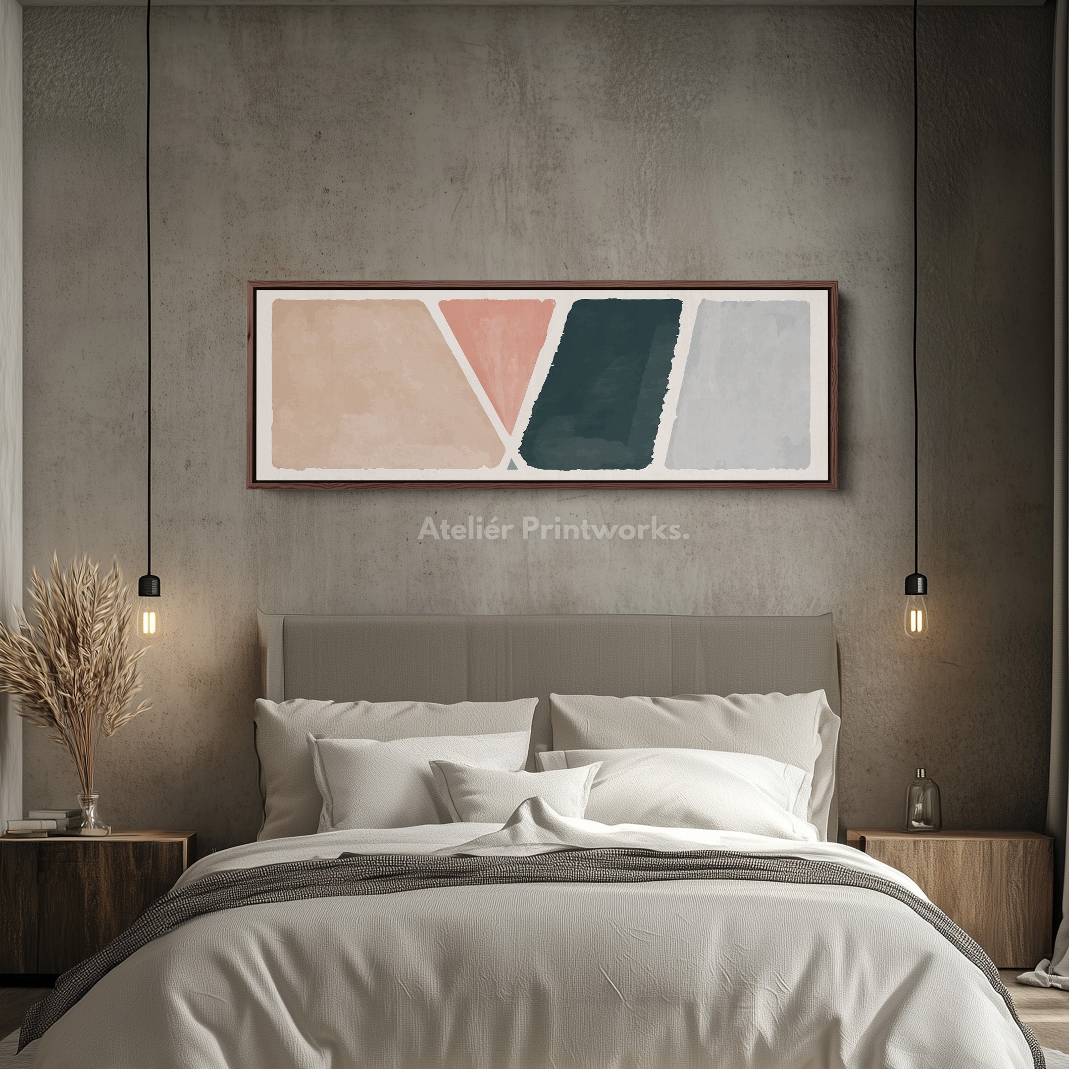 Long Narrow Canvas Modern Geometric In Beige Pink And Deep Green