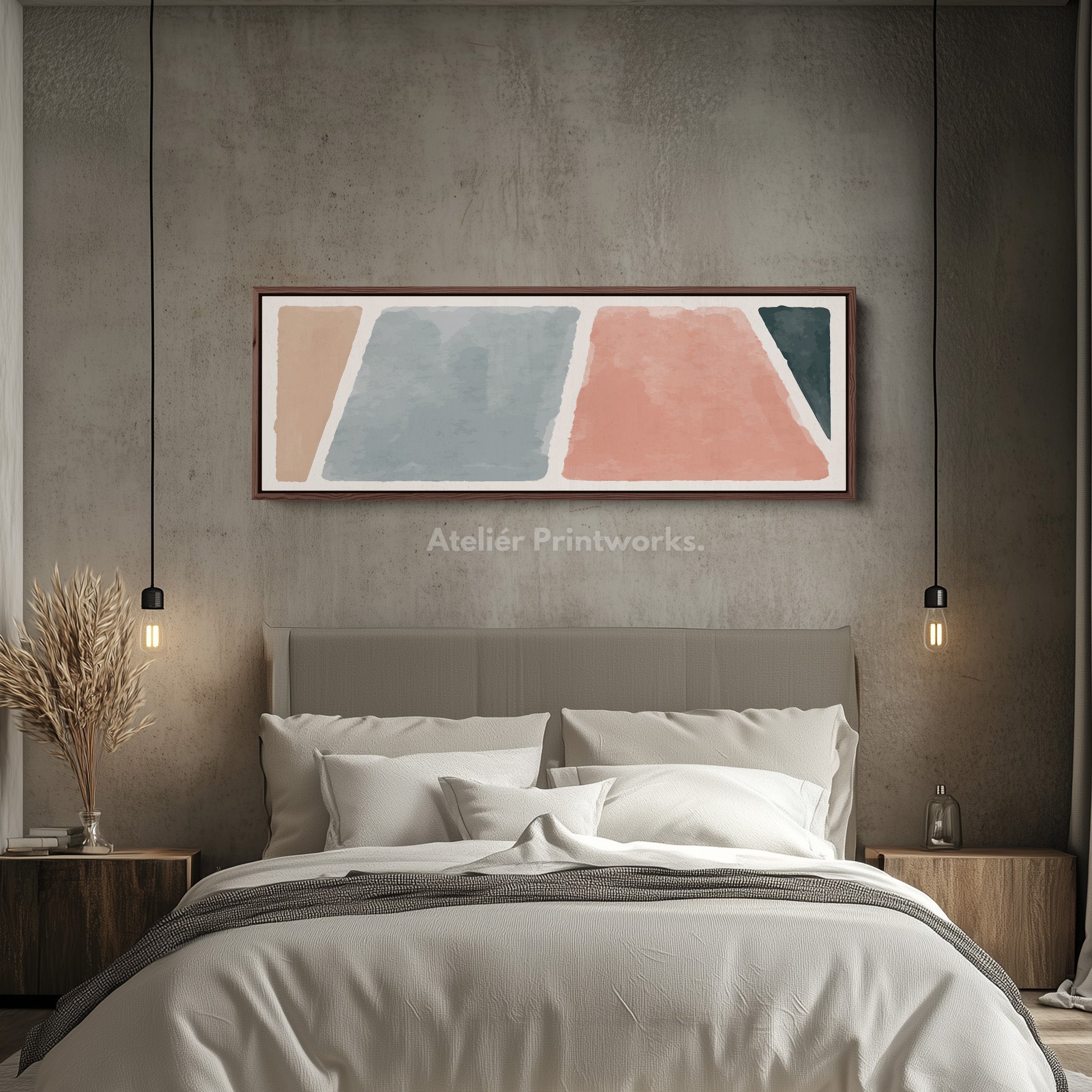 Wide Wall Art Soft Terracotta Blue Grey And Beige Modern Blocks