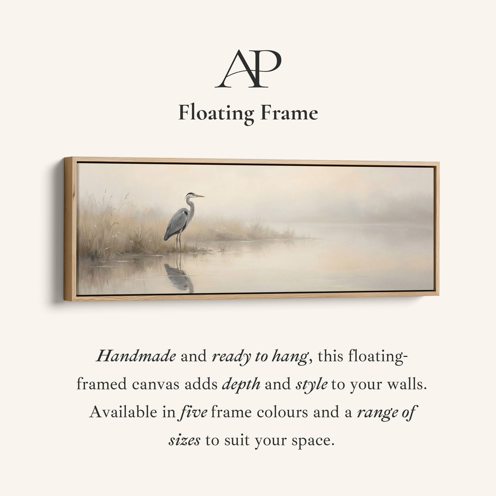 Heron In Foggy Water Wide Framed Canvas Extra Wide Canvas Bedroom