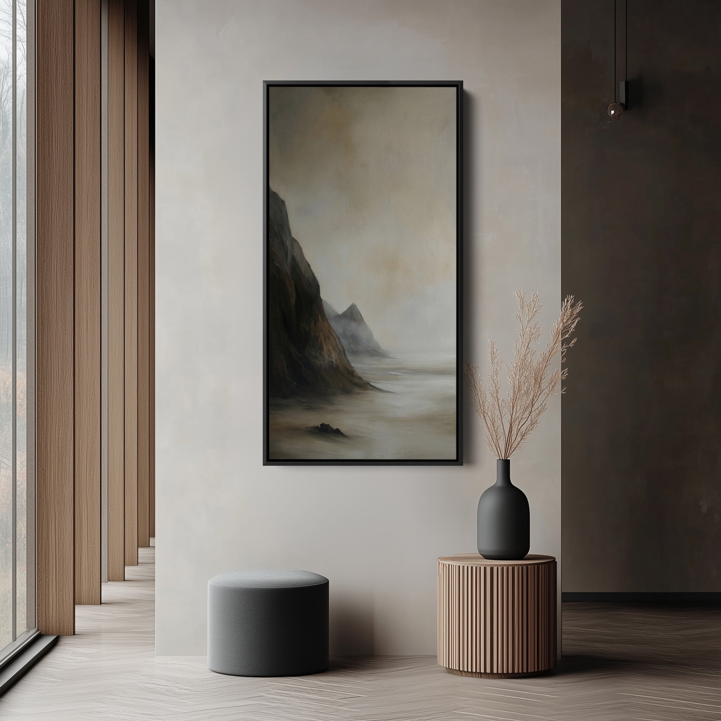 Tall Framed Canvas Misty Coastal Cliffs Vertical Canvas For Hallway